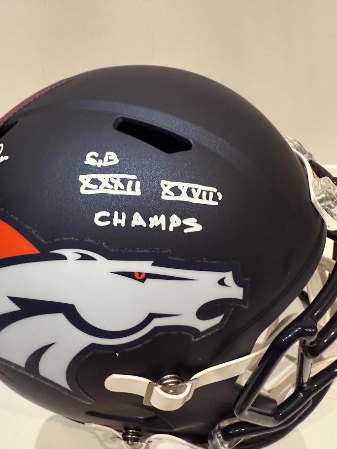 Mike Shanahan Denver Broncos Autographed Navy Replica Helmet SB XXXII SB XXXIII Inscriptions - Latitude Sports Marketing