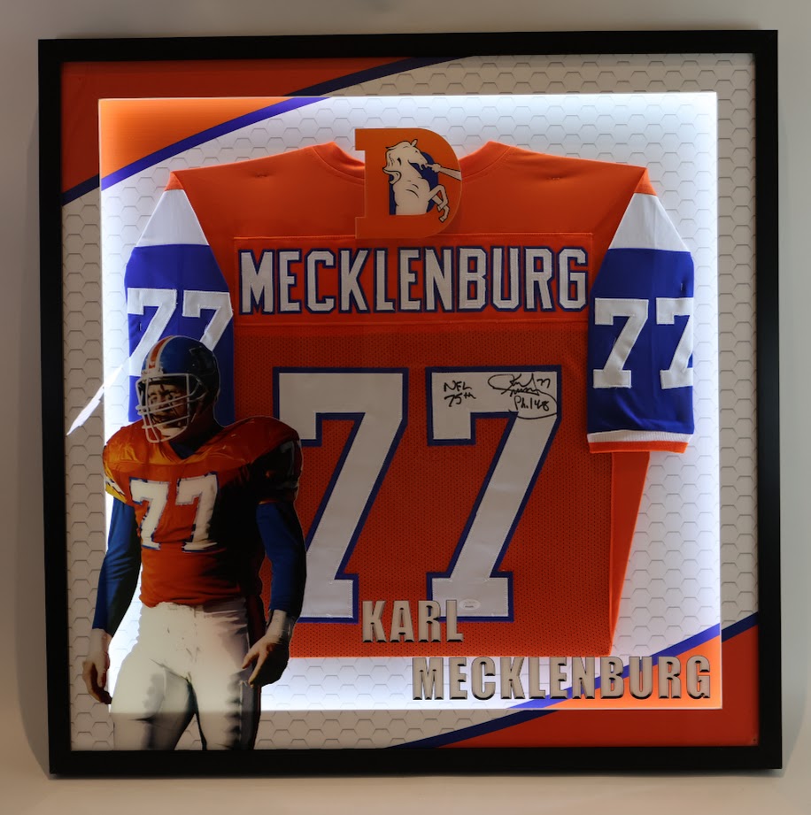 Karl Mecklenburg Autographed Broncos Jersey with Inscriptions Framed Lighted Shadowbox