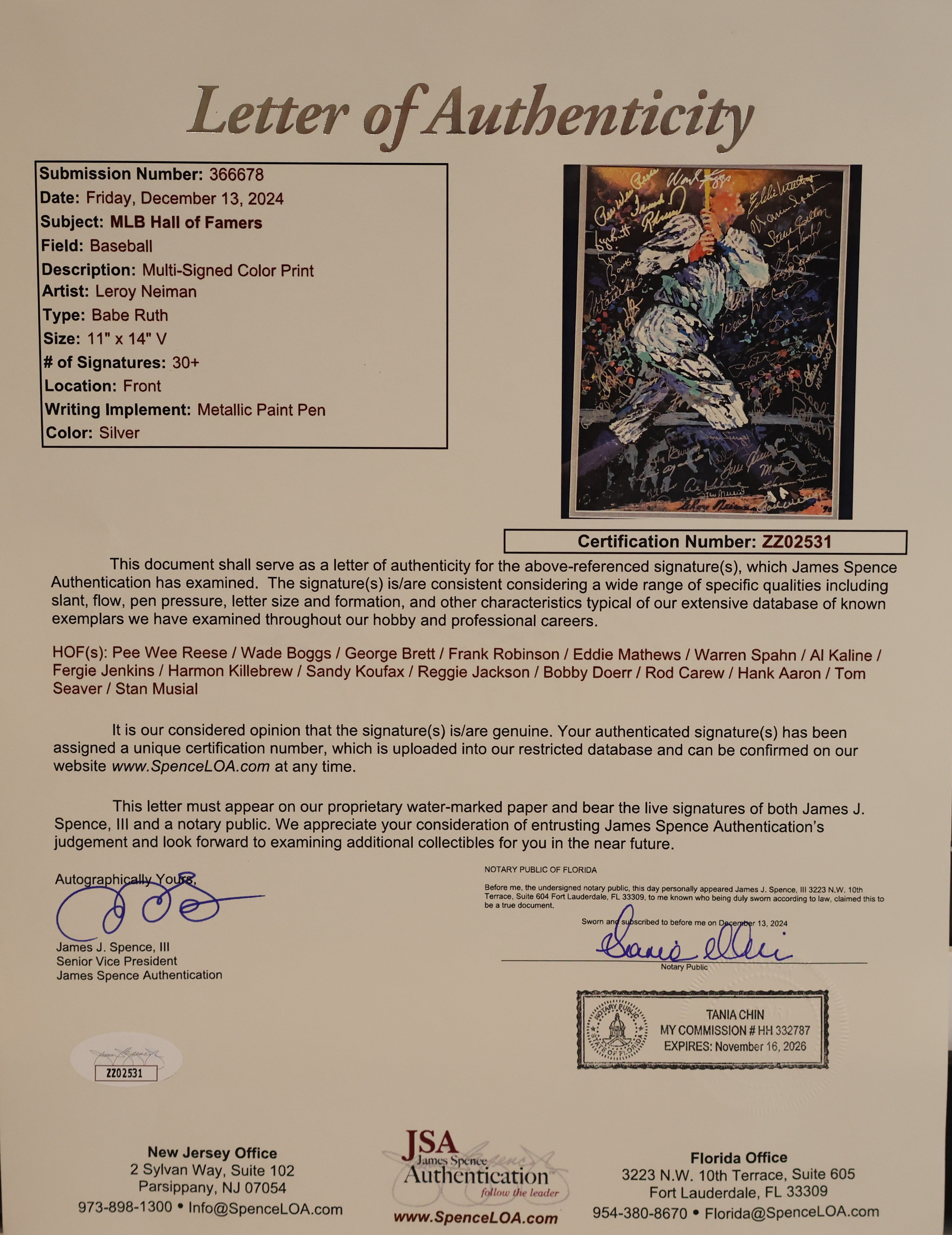 Leroy Neiman Babe Ruth 11x14 print w/ HOF Signatures in 19.5"x24" Frame JSA LOA