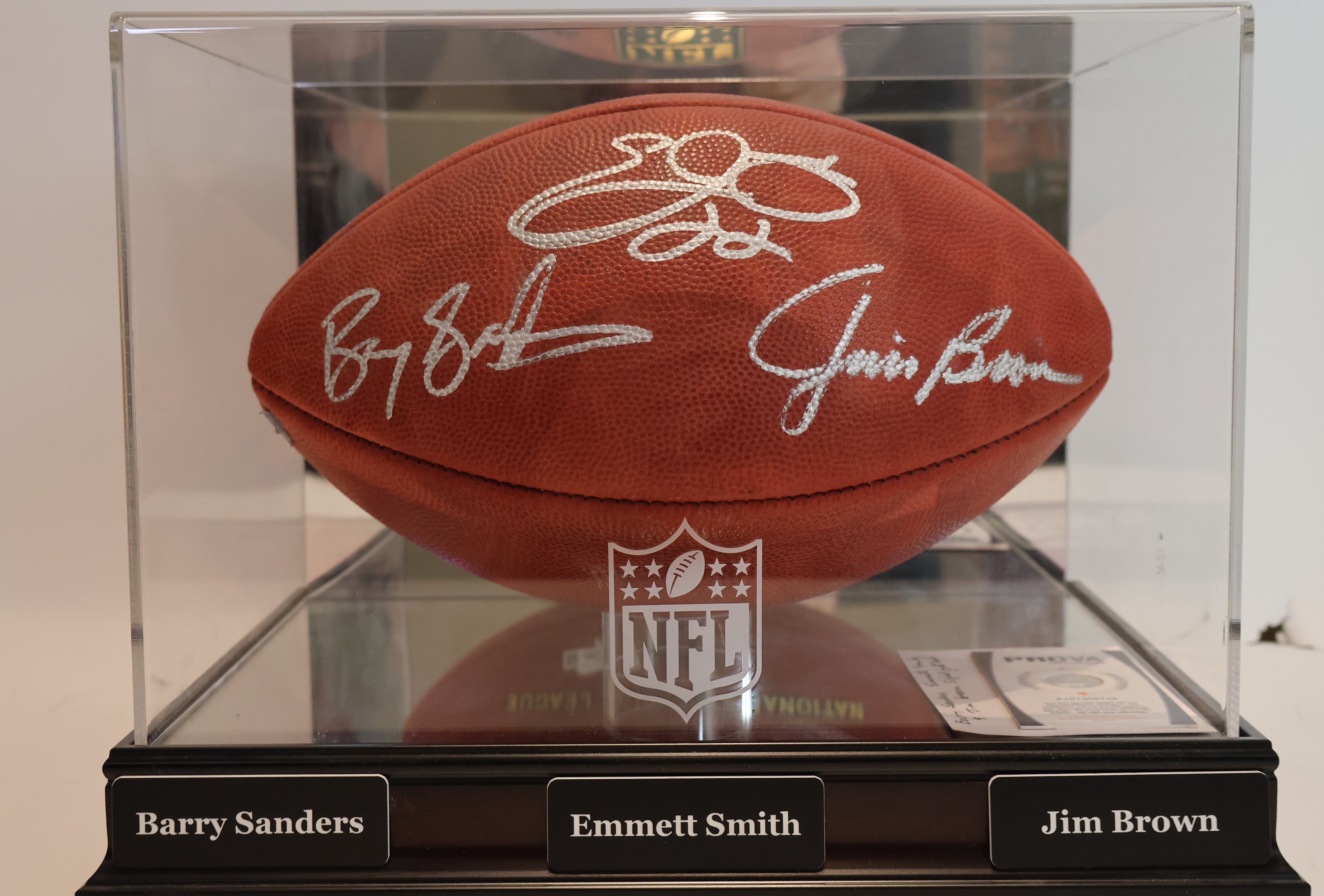 Jim Brown, Barry Sanders, and Emmitt Smith Autographed Football with Case