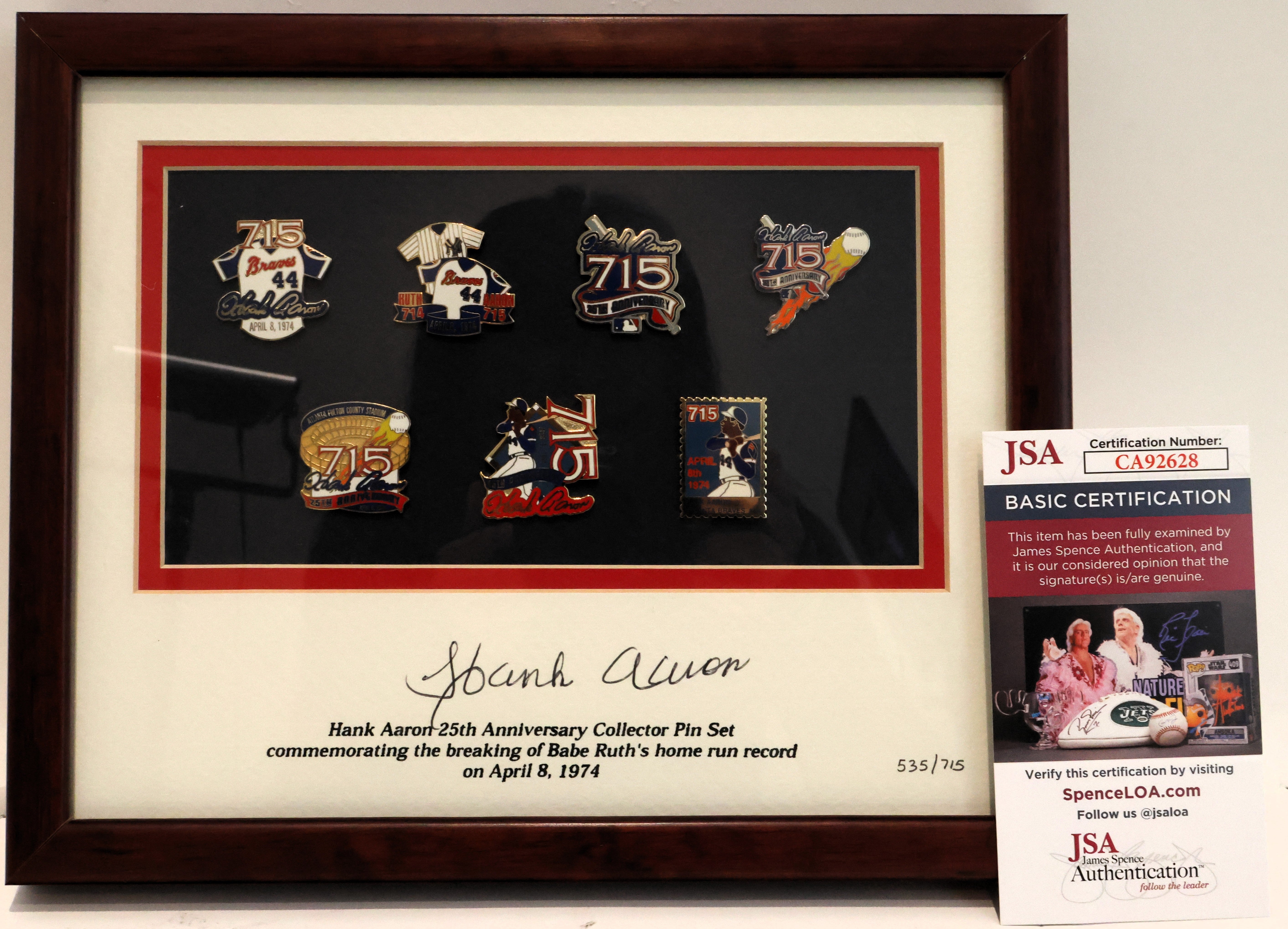 Hank Aaron Autographed Framed Matting Pin Set JSA COA