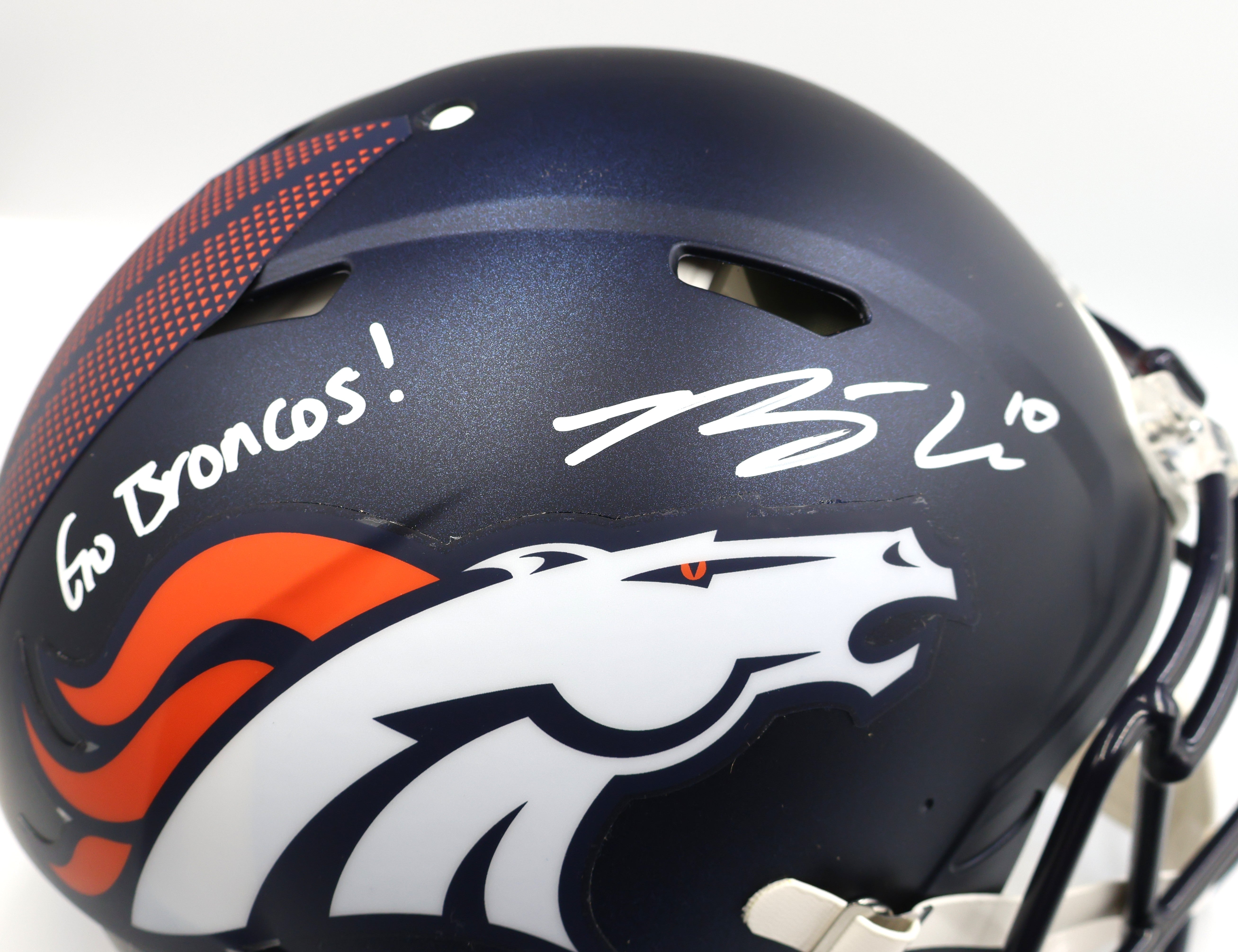 Bo Nix Autographed/Inscribed "Go Broncos" Navy Broncos Pro Speed Helmet Beckett COA