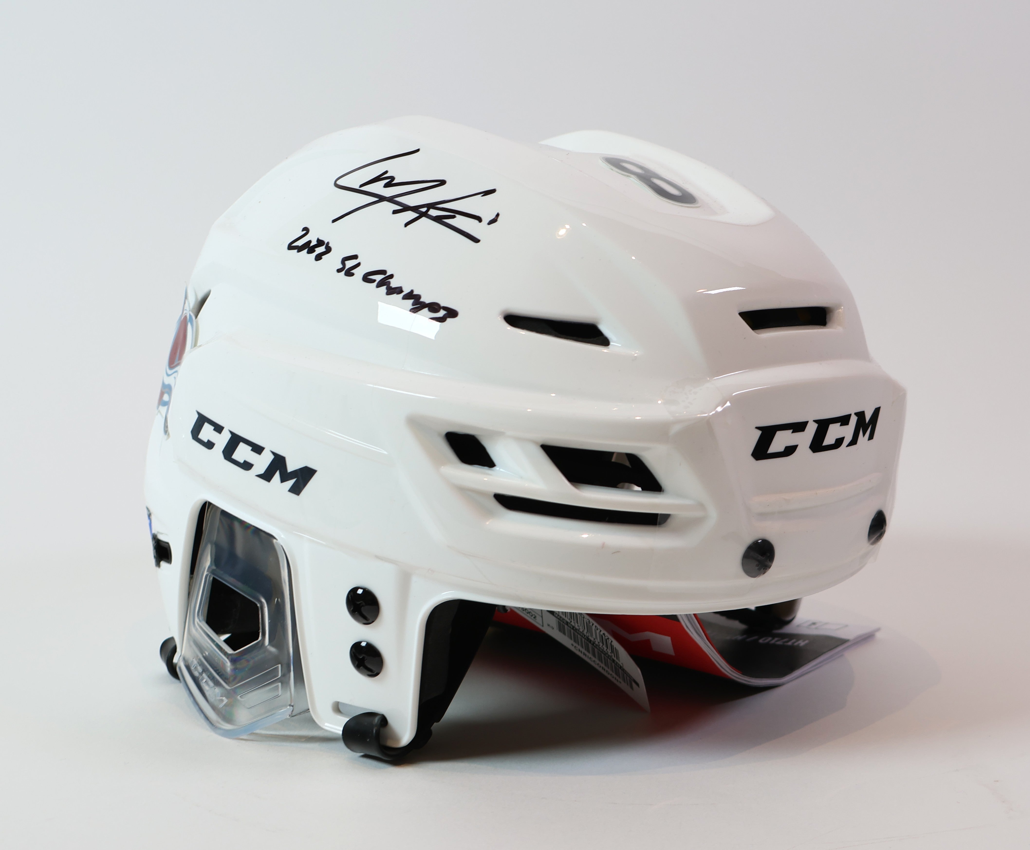 Cale Makar Autographed White Helmet w/ inscription "2022 SC Champs"