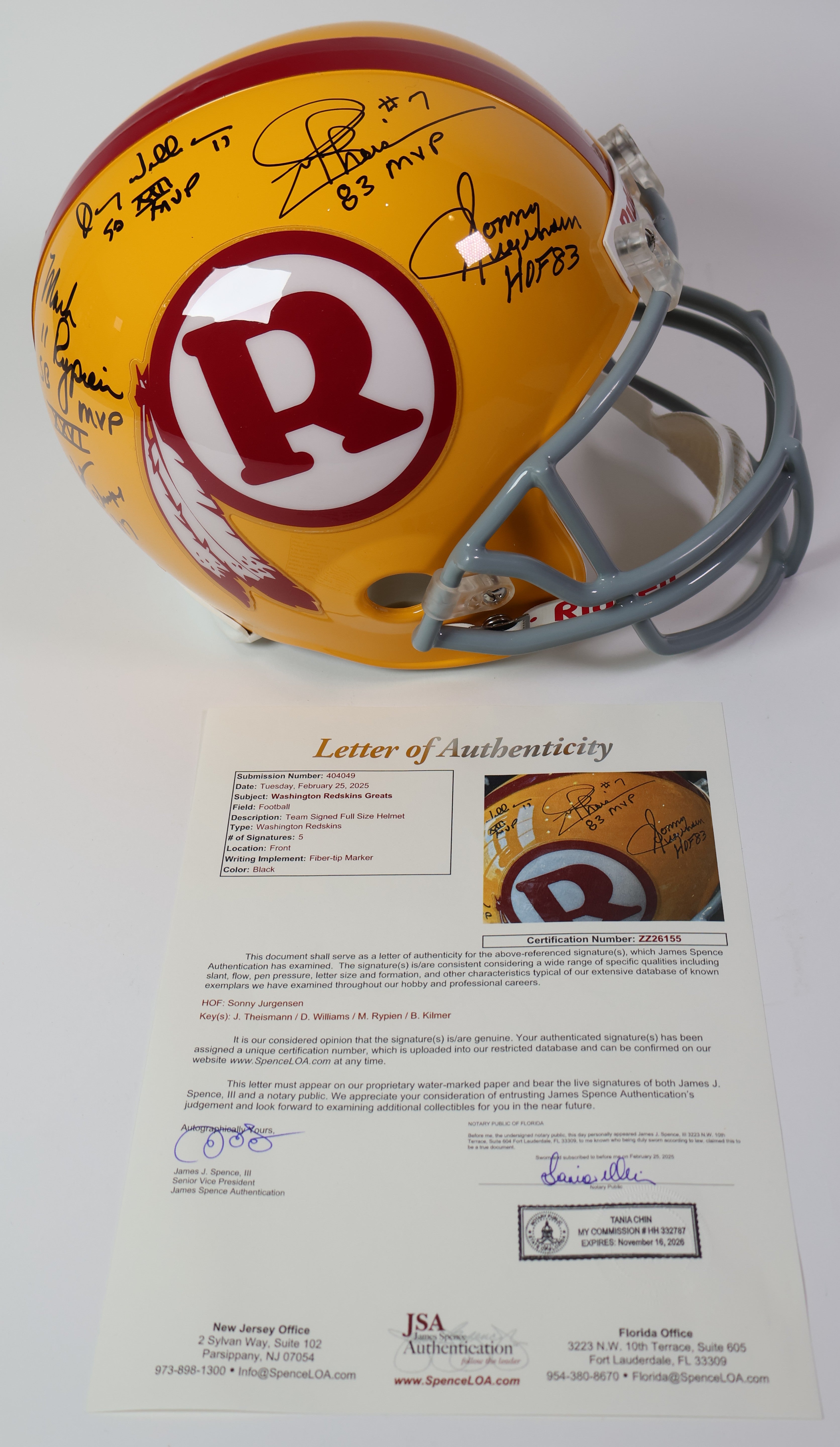 Washington Redskins Quarterback Legends Autographed Helmet JSA LOA