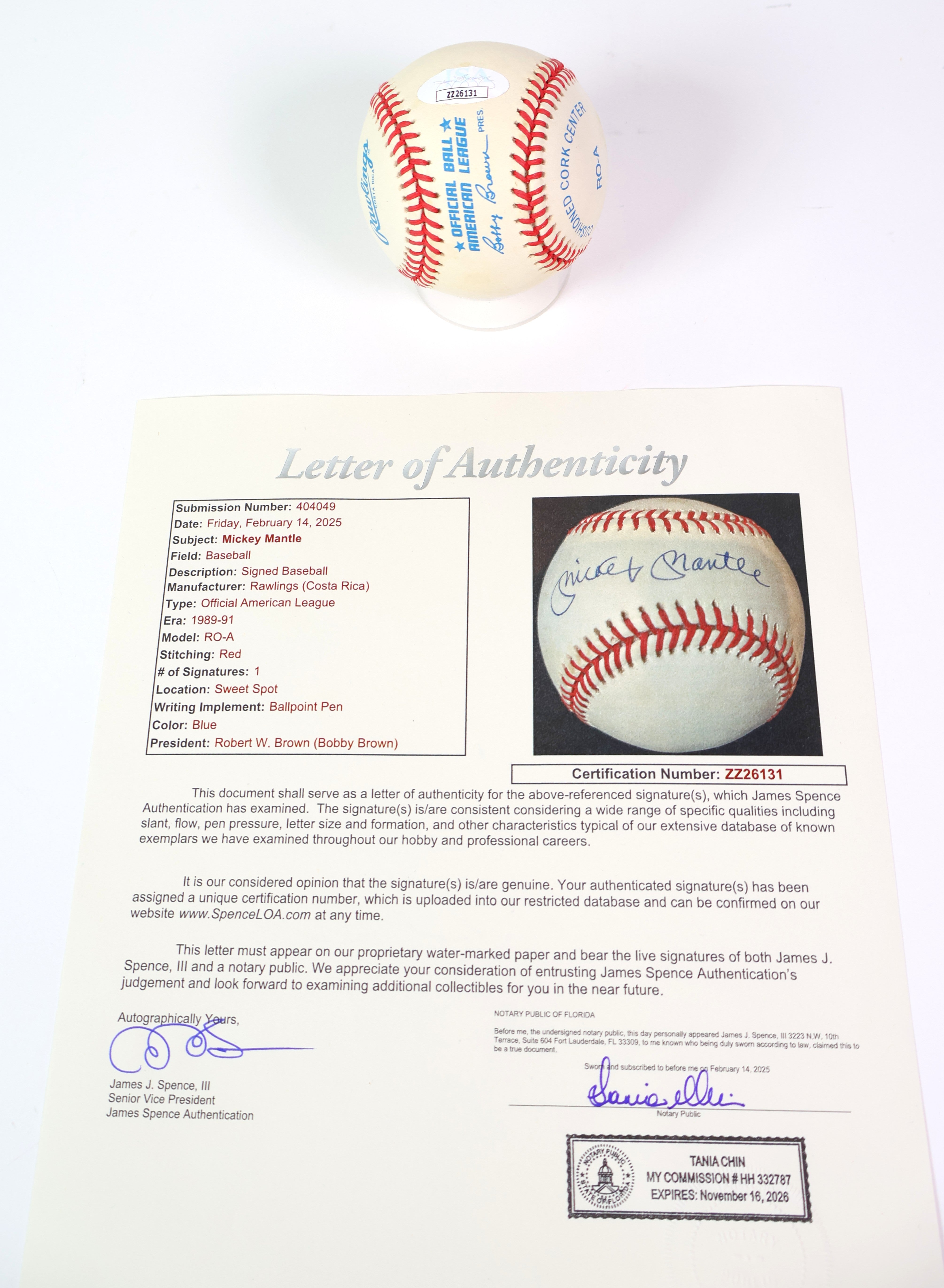 Mickey Mantle Autographed Official American League Rawlings Baseball JSA LOA
