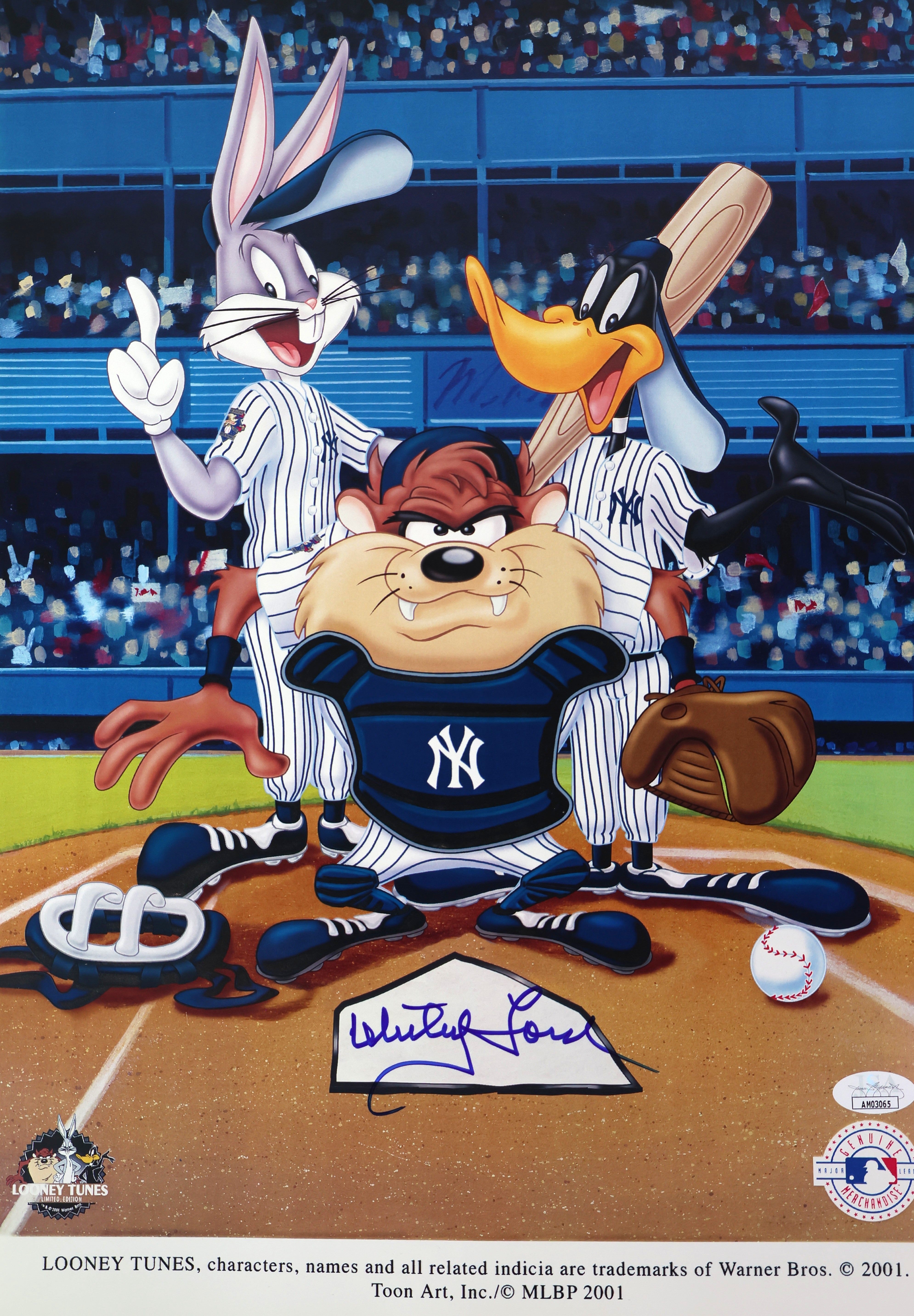Whitey Ford Autographed Looney Tunes NY Yankees Print JSA COA