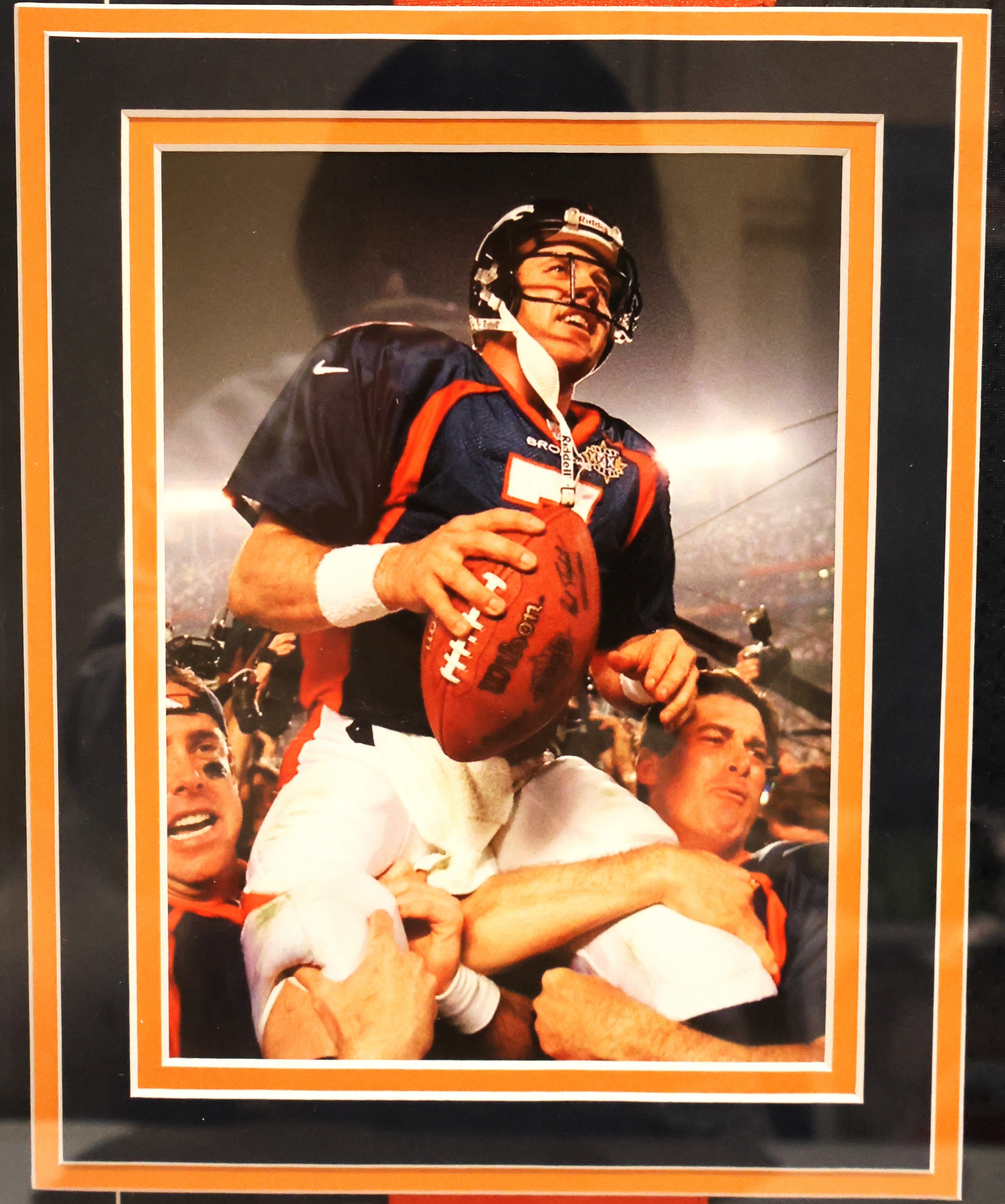 John Elway Signed Dark Blue Jersey in Deluxe Frame 39.5"x33.5" Beckett COA