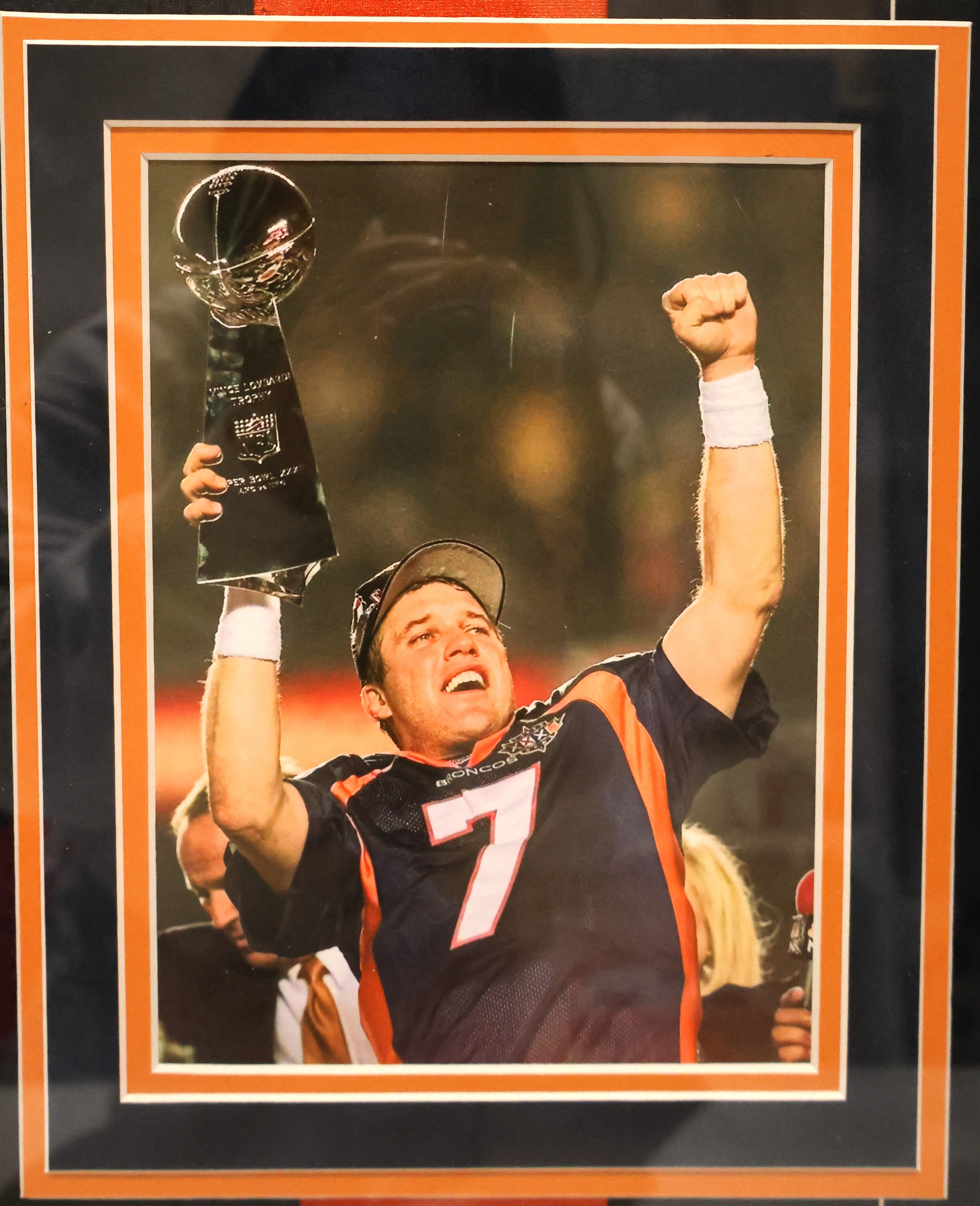 John Elway Signed Dark Blue Jersey in Deluxe Frame 39.5"x33.5" Beckett COA