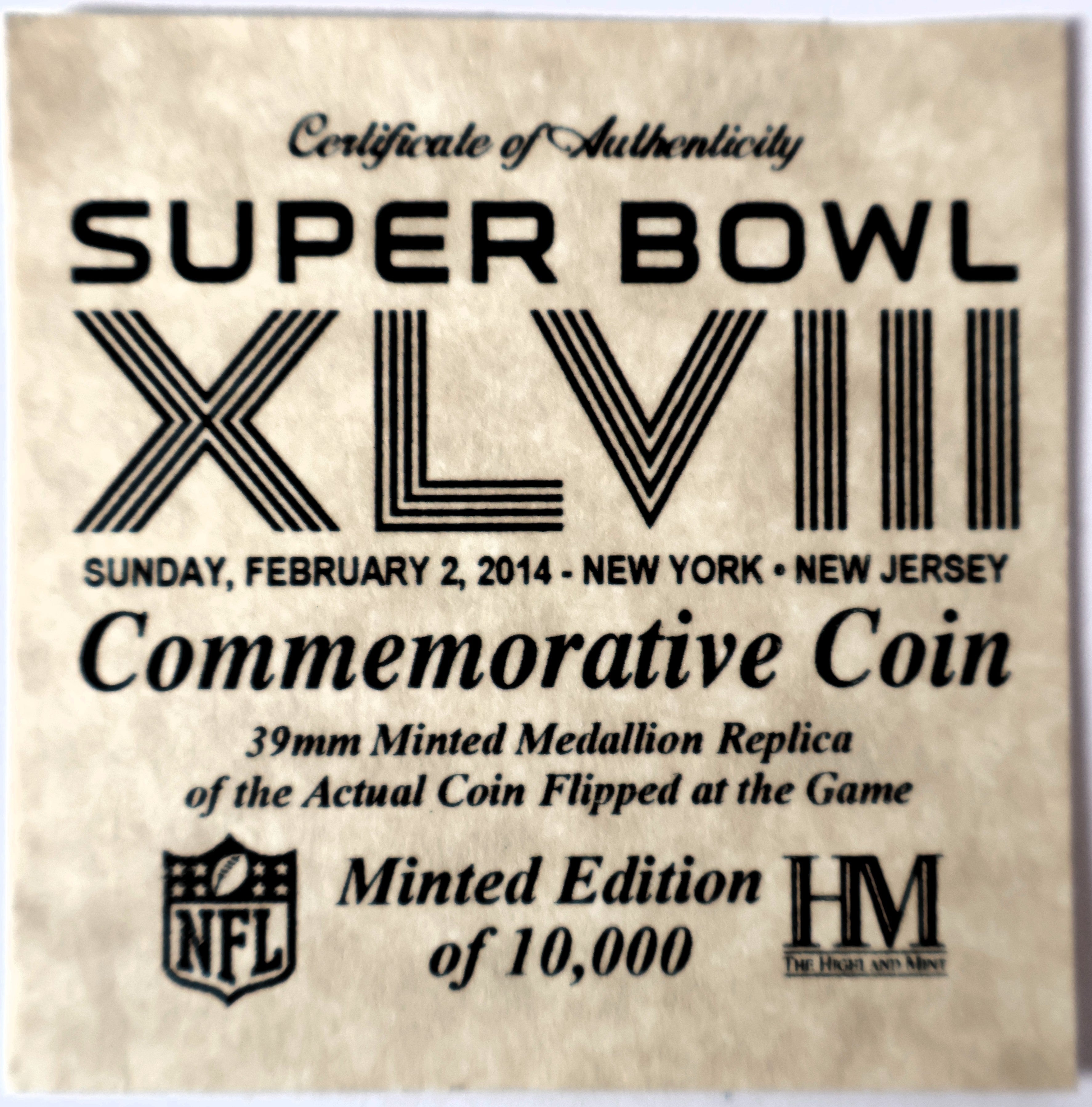 Highland Mint Oficial Game Coin Book 6.5"x4" Super Bowl XLVIII Authenticated