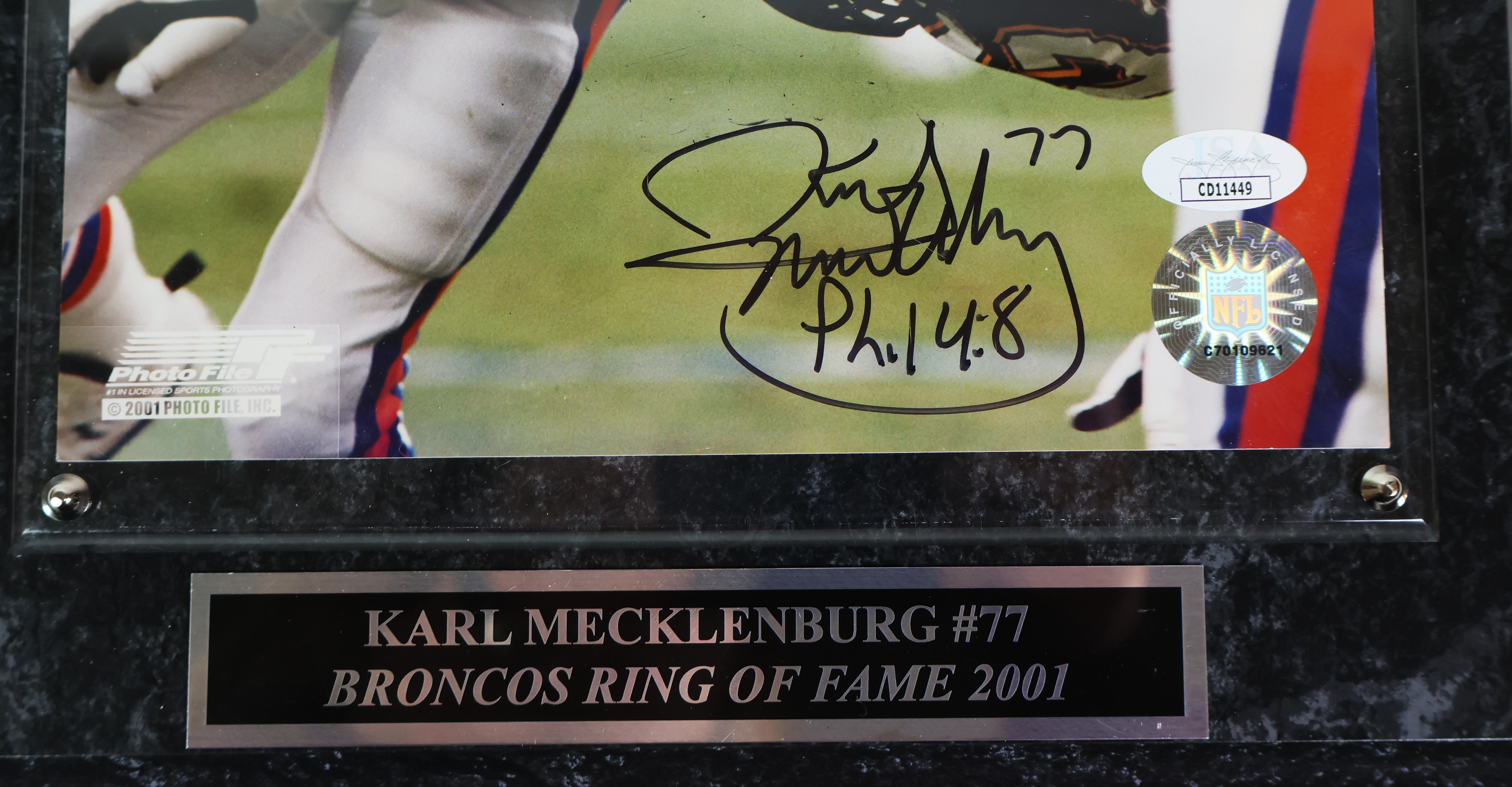 Karl Mecklenburg Autographed/Inscribed "Phil. 4:8" Plaque JSA COA