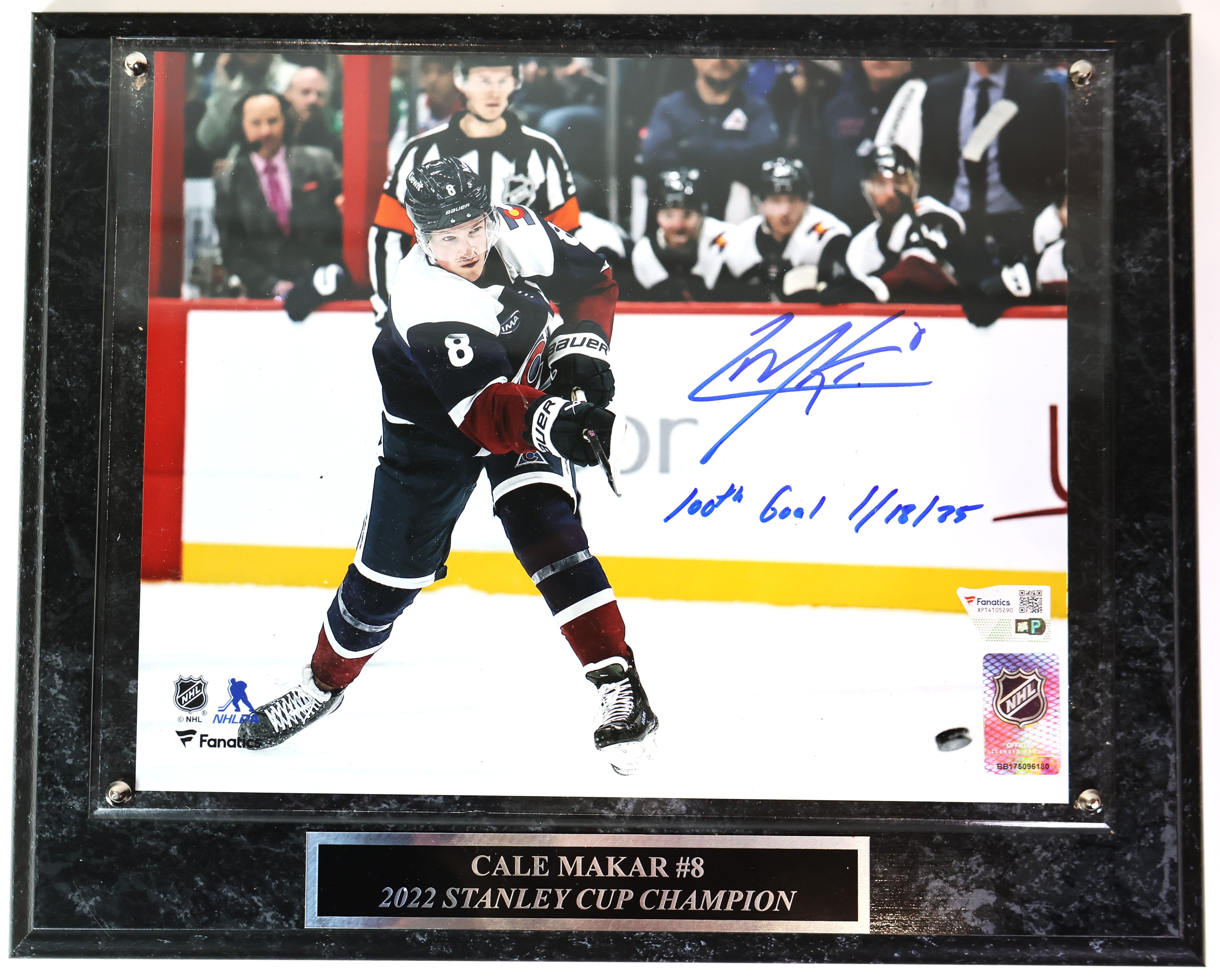 Cale Makar Autographed Inscribed 8x10 Photo with Plaque Fanatics COA
