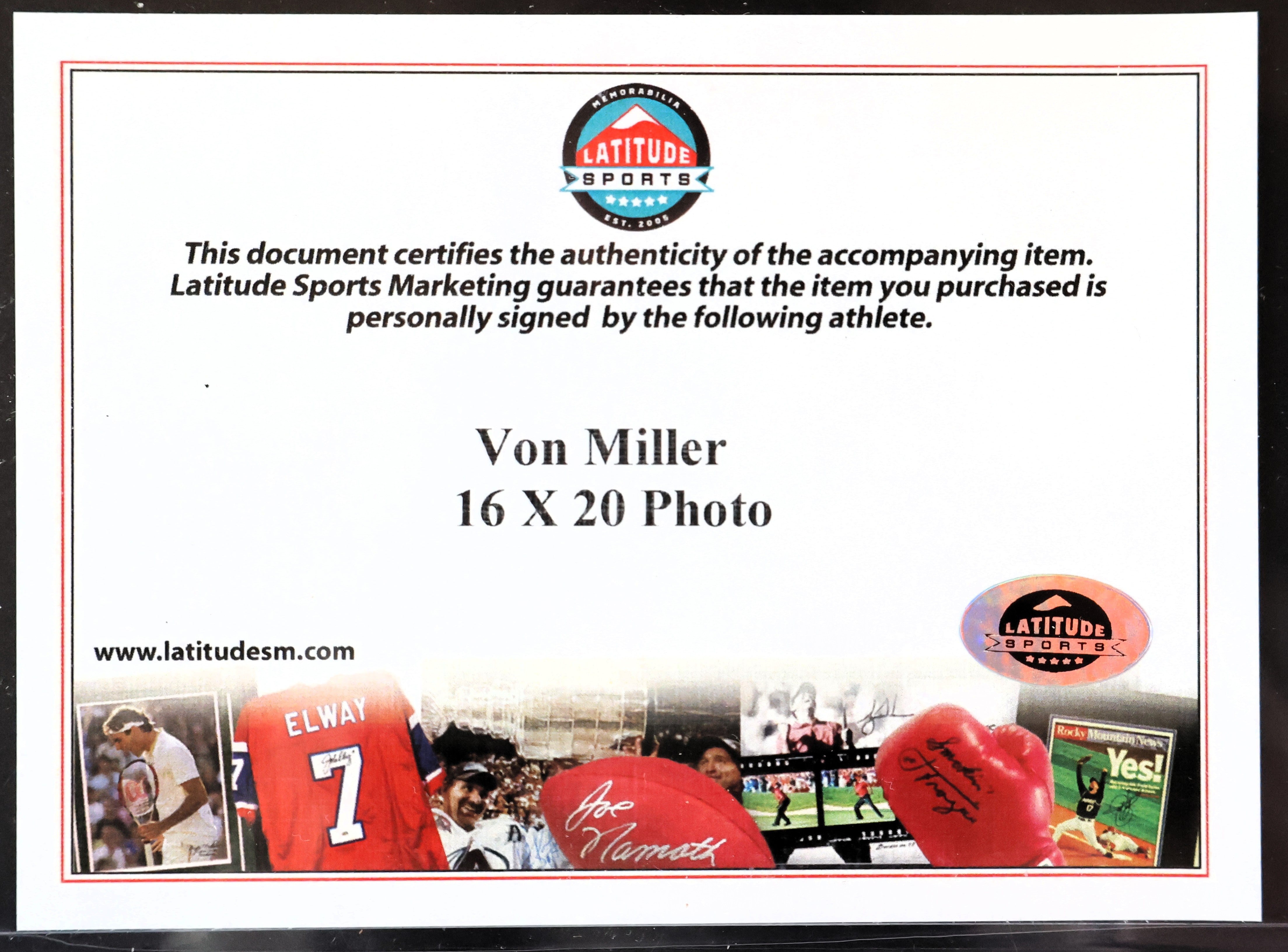 Von Miller Denver Broncos SB 50 Strip Sack Autographed 16x20 Photo Beckett COA
