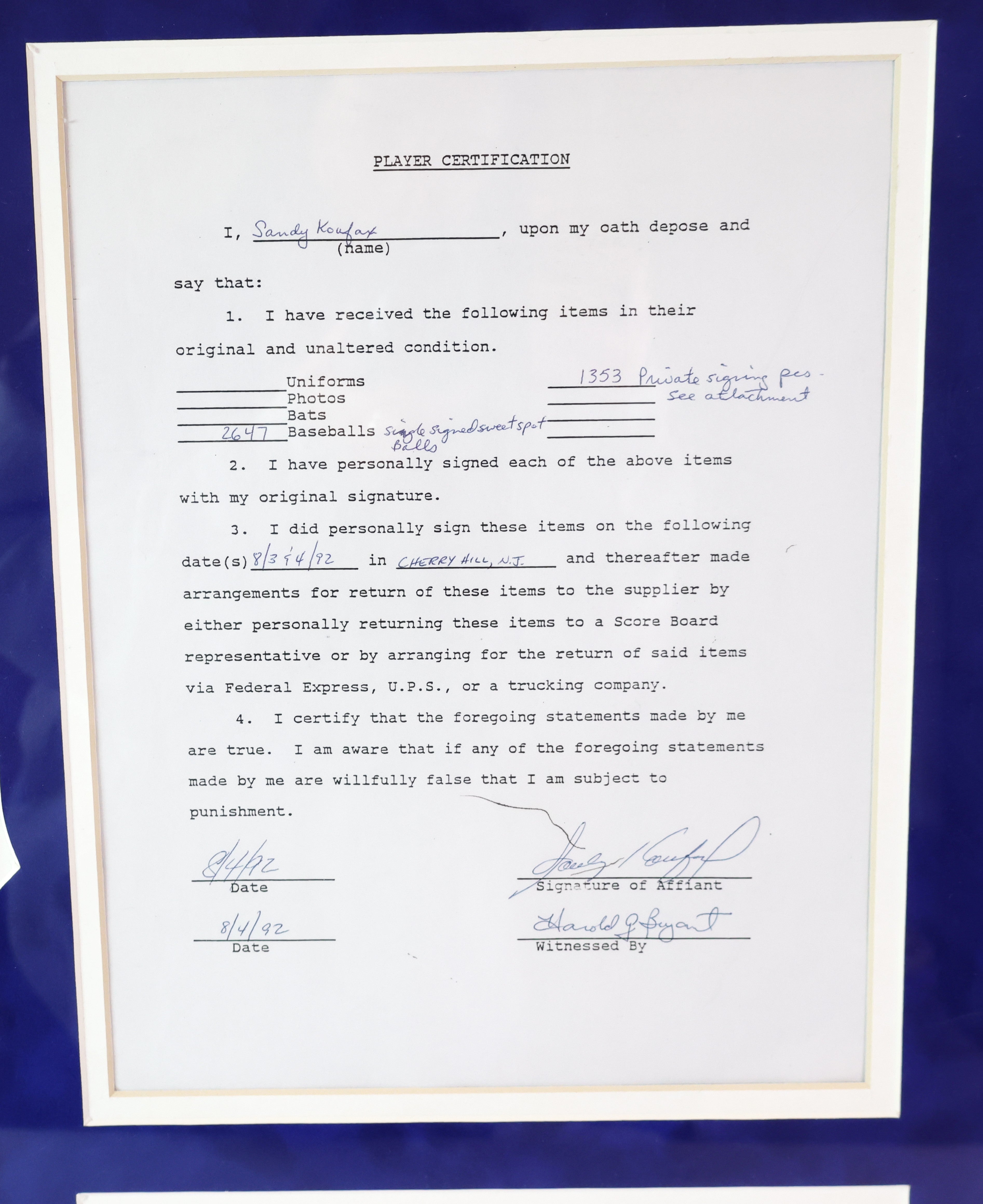 Sandy Koufax Player Certification Signing Contract, Photo, Check, Nameplate Collage JSA COA