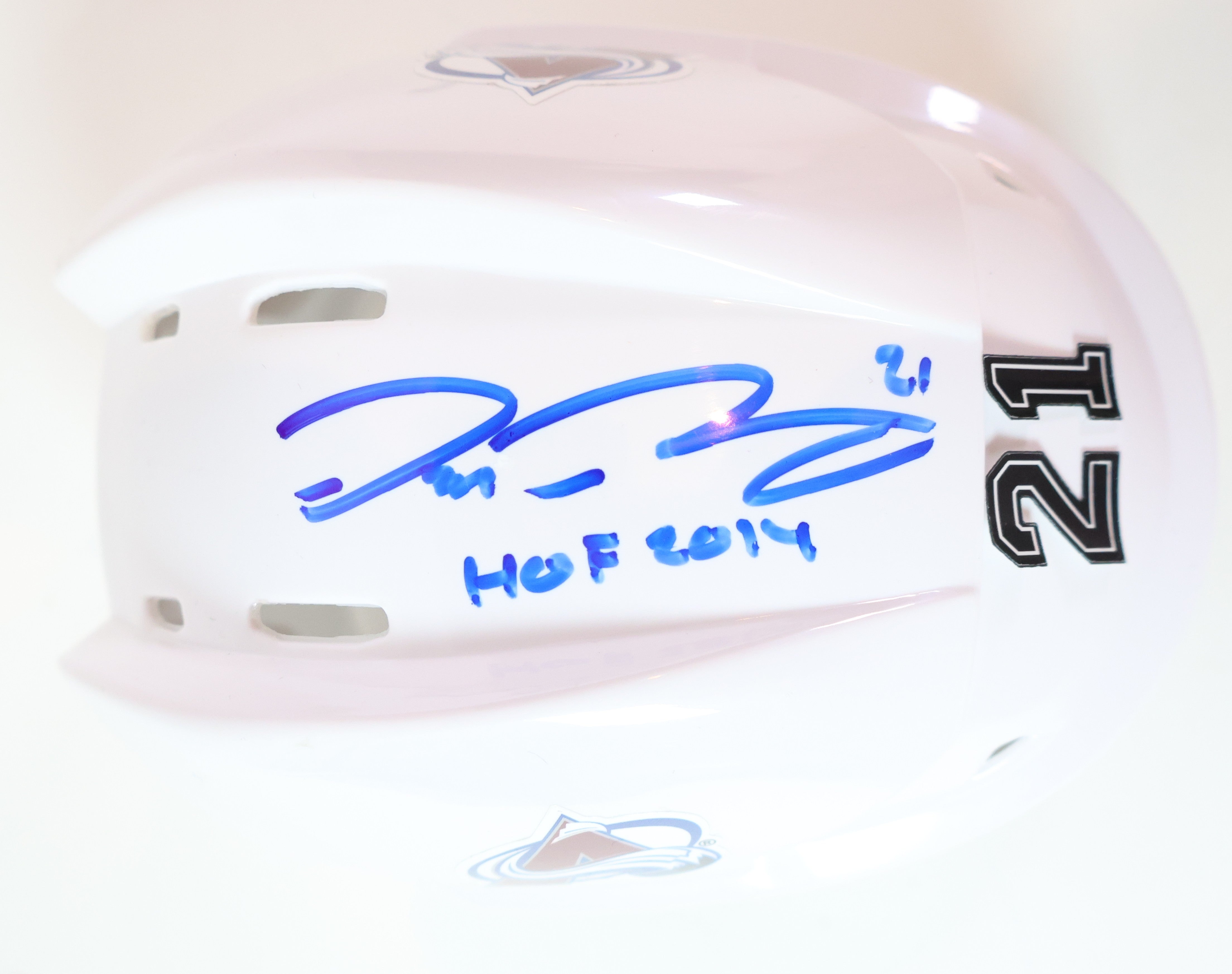 Peter Forsberg Autographed/Inscribed Avalanche White Mini Helmet JSA COA