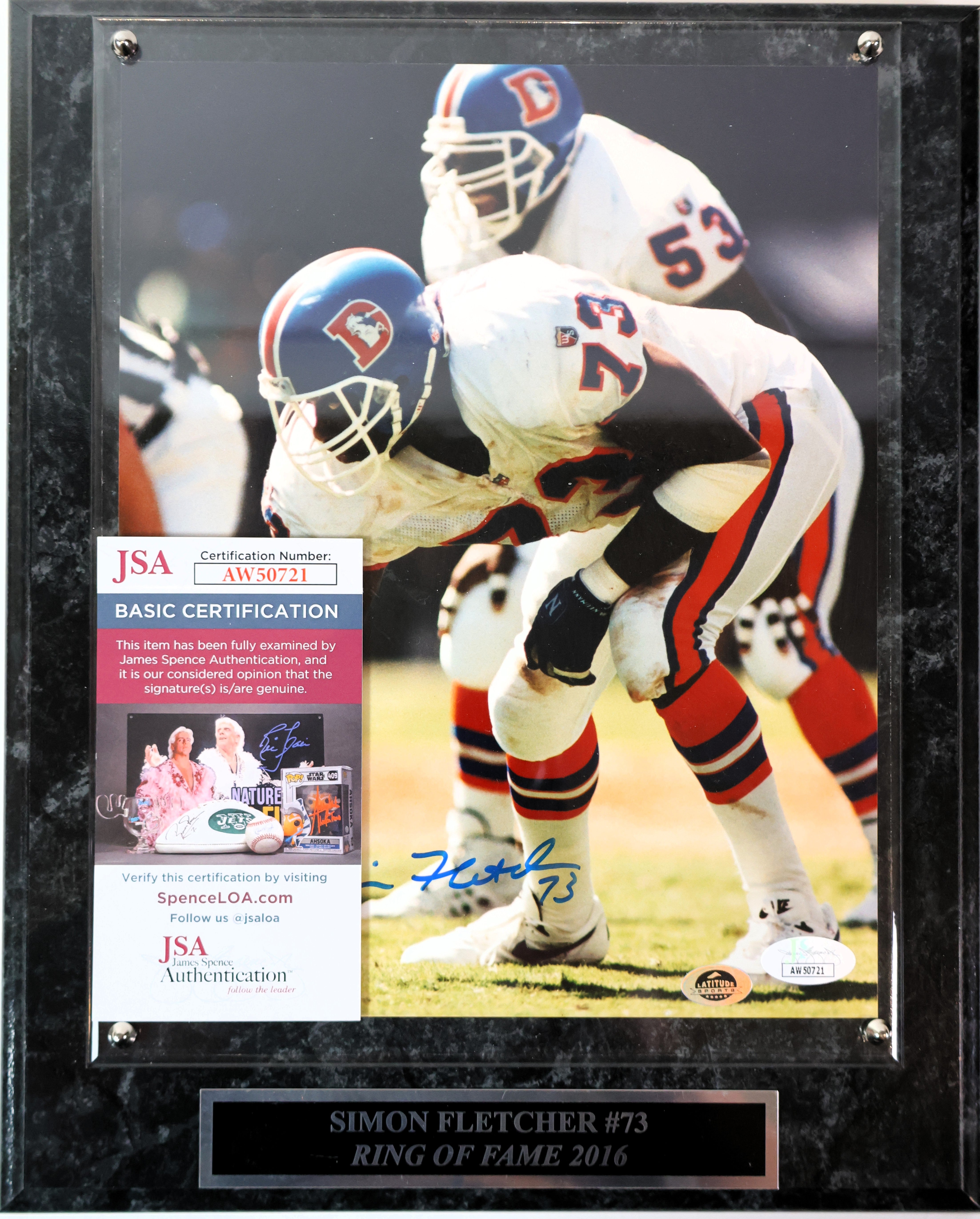 Simon Fletcher Autographed Denver Broncos 8x10 Photo with Plaque JSA COA