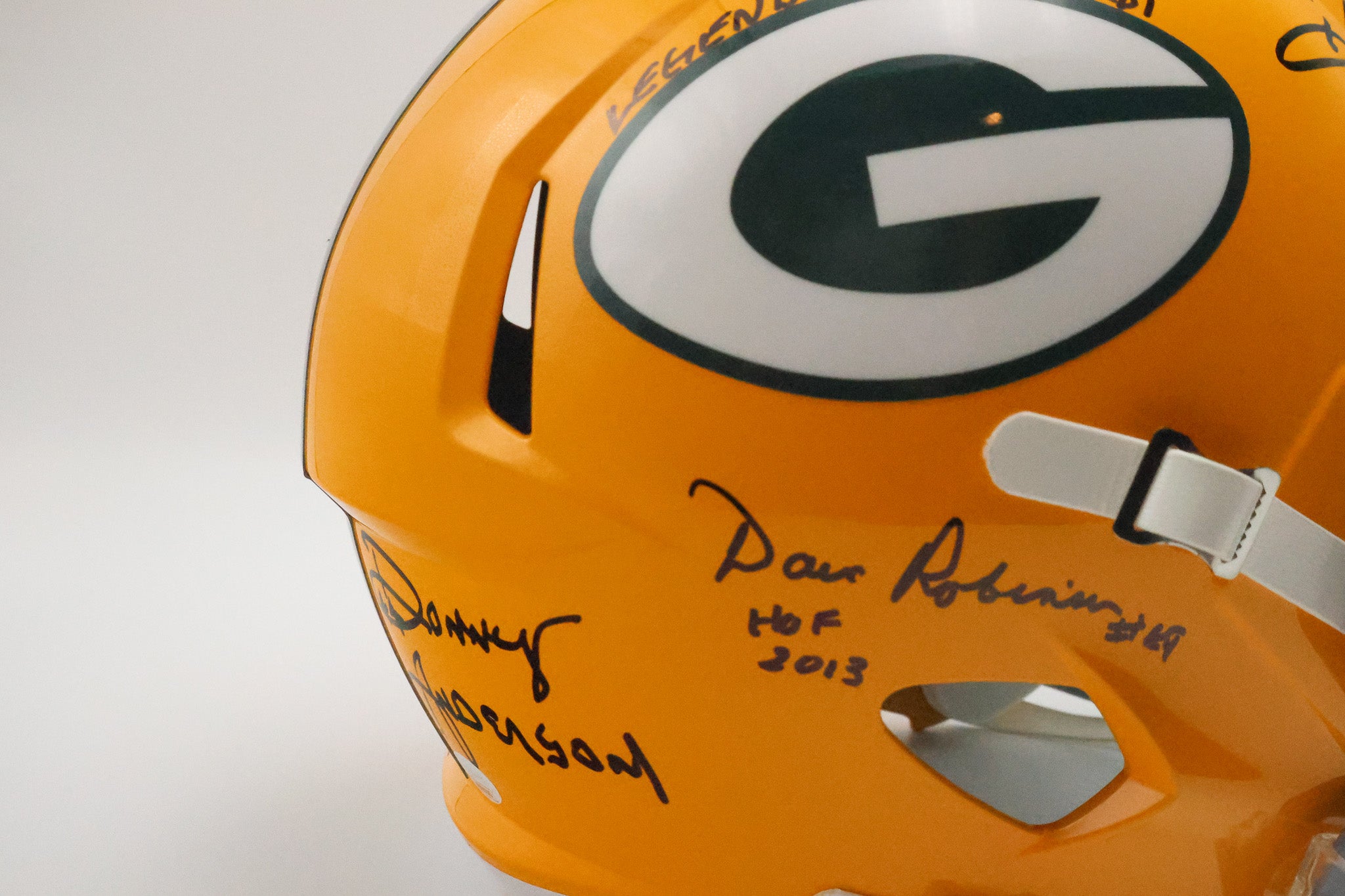 Packers Replica Helmet signed by Marv Fleming, Don Horn, Donny Anderson, Dave Robinson and Jim Grabowski " Legends of Lombardi" Inscription