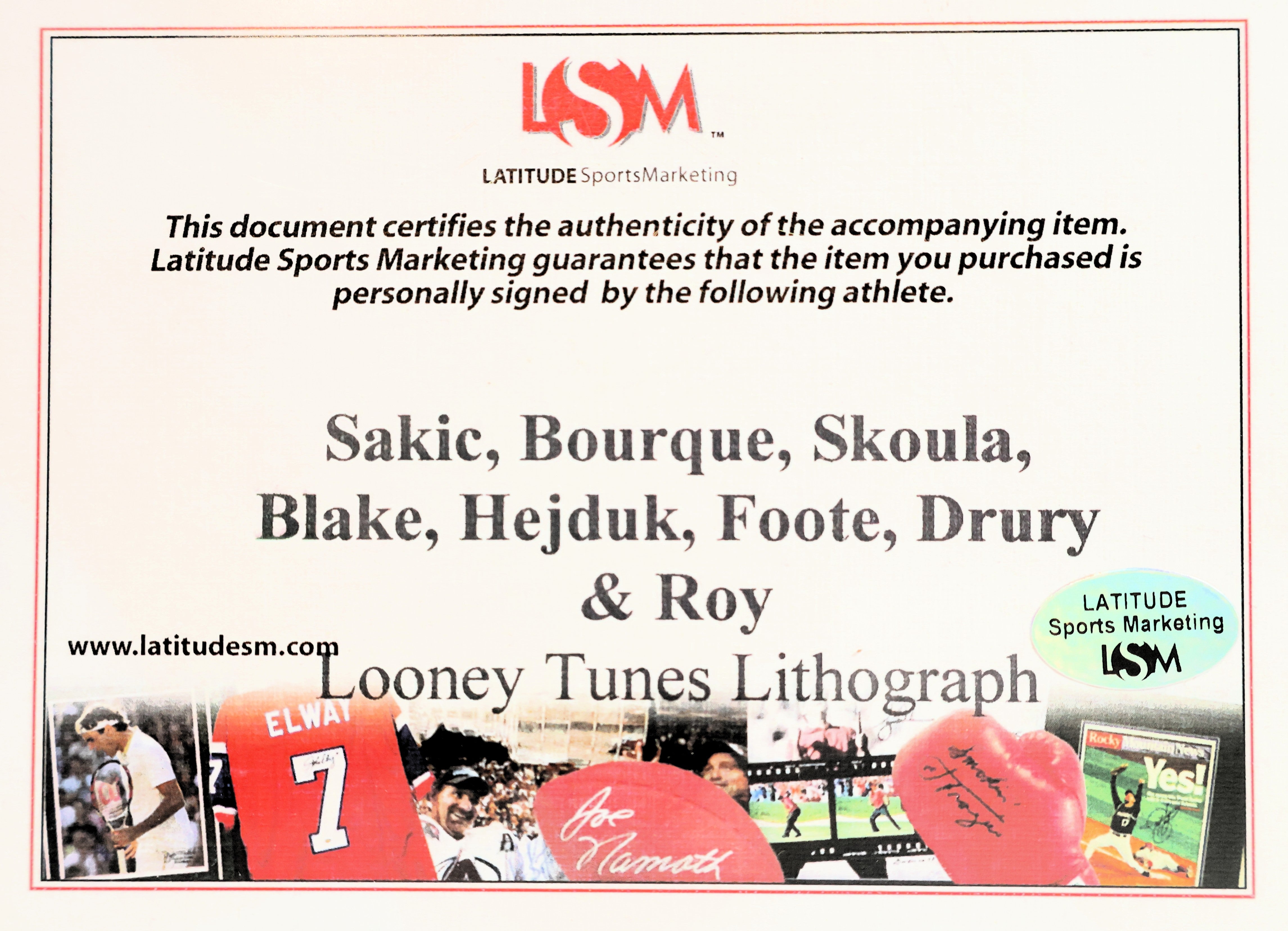 Sakic, Bourque, Skoula, Blake, Hejduk, Foote, Drury, & Roy Autographed Looney Tunes Lithograph LSM COA