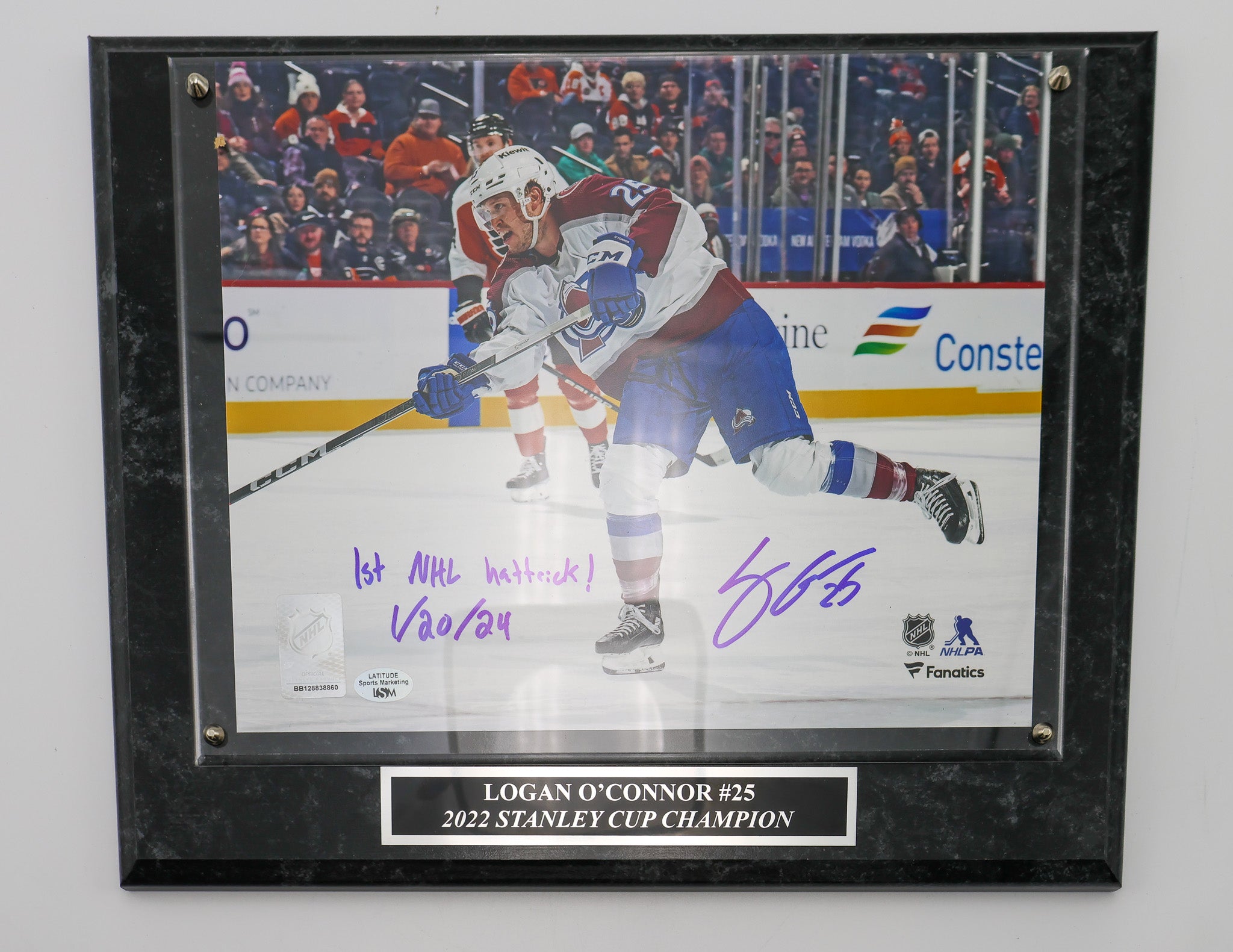 Logan O'Connor 8X10 Photo "1st NHL Hattrick 1/20/24" Inscription On Plaque