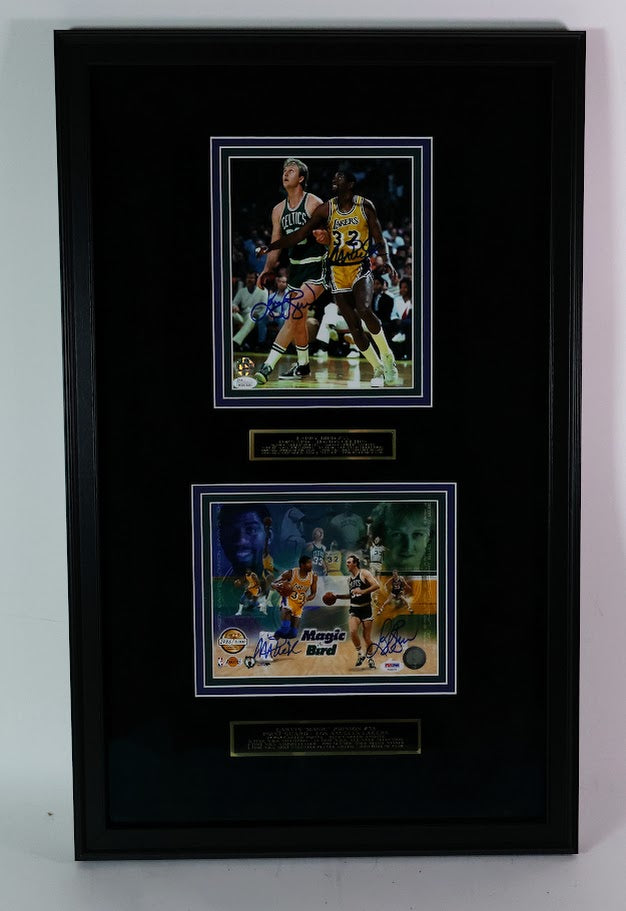 Larry Bird and Magic Johnson 2 Dual Autographed 8x10 Photos Framed PSA LOA