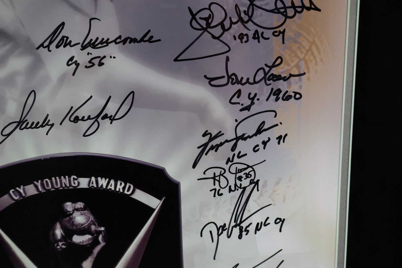 Cy Young Award Winner Multiple Autographs With Koufax 16x20 Photo Framed PSA LOA