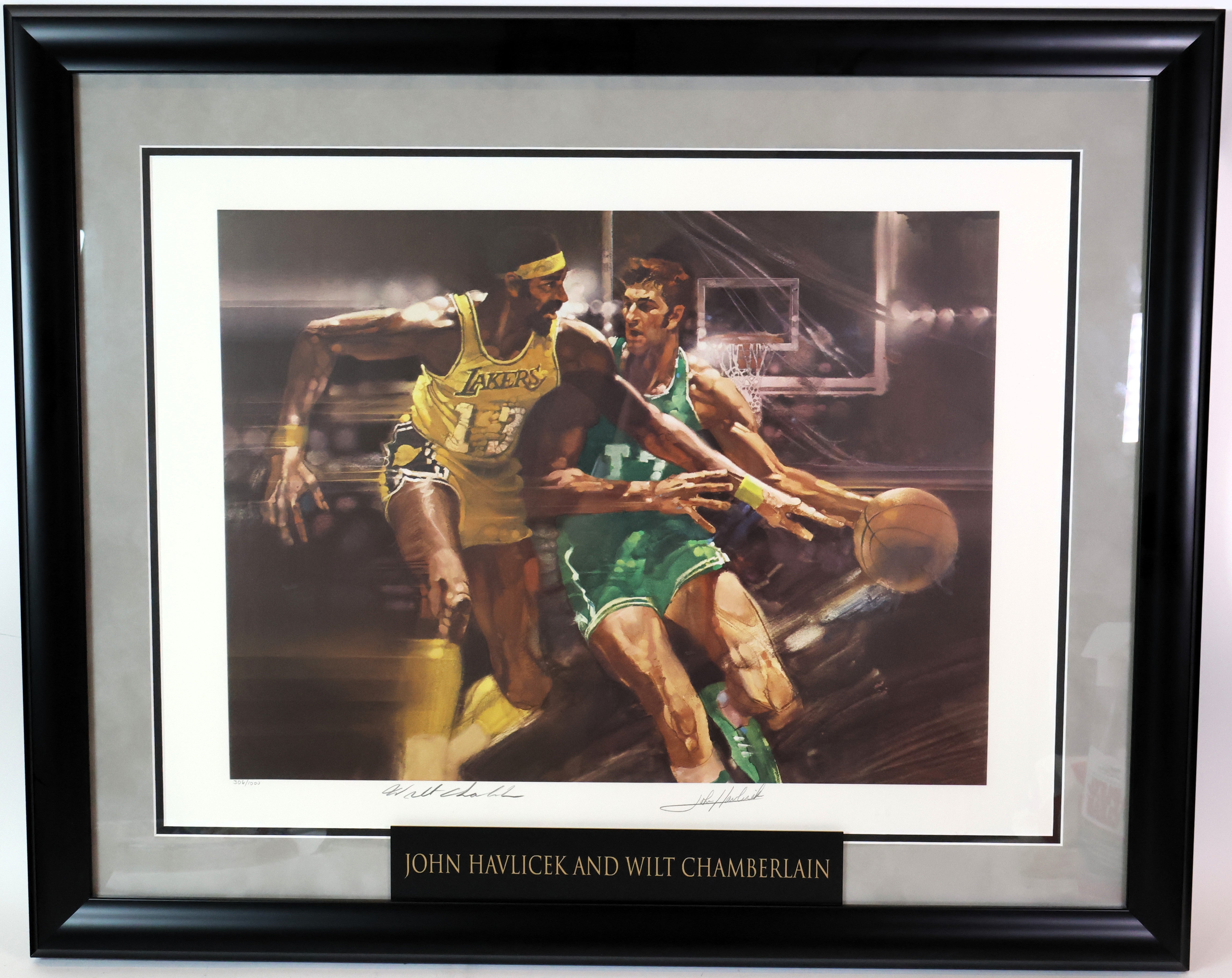 John Havlicek & Wilt Chamberlain Autographed 16x20 Lithograph Framed PSA LOA