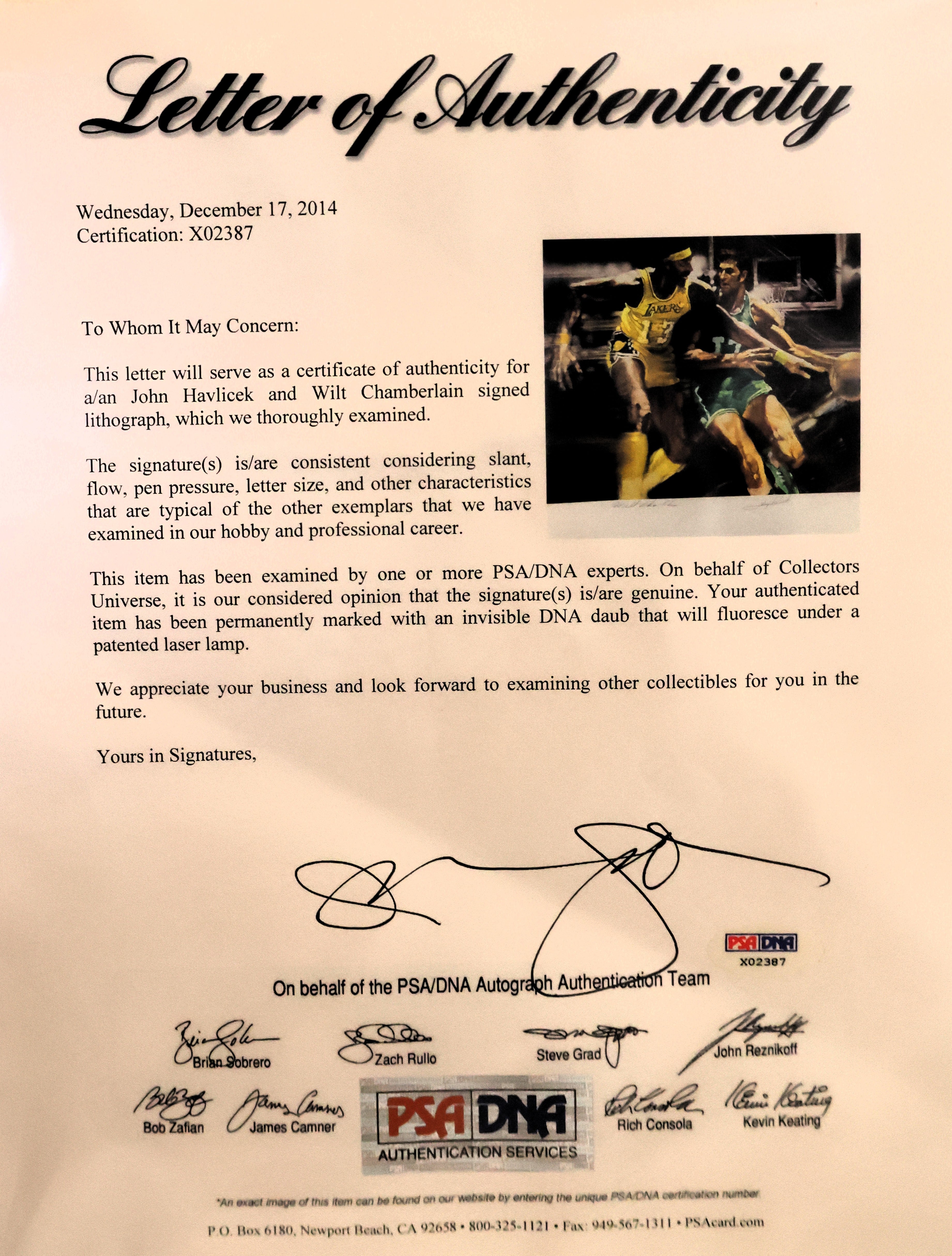 John Havlicek & Wilt Chamberlain Autographed 16x20 Lithograph Framed PSA LOA