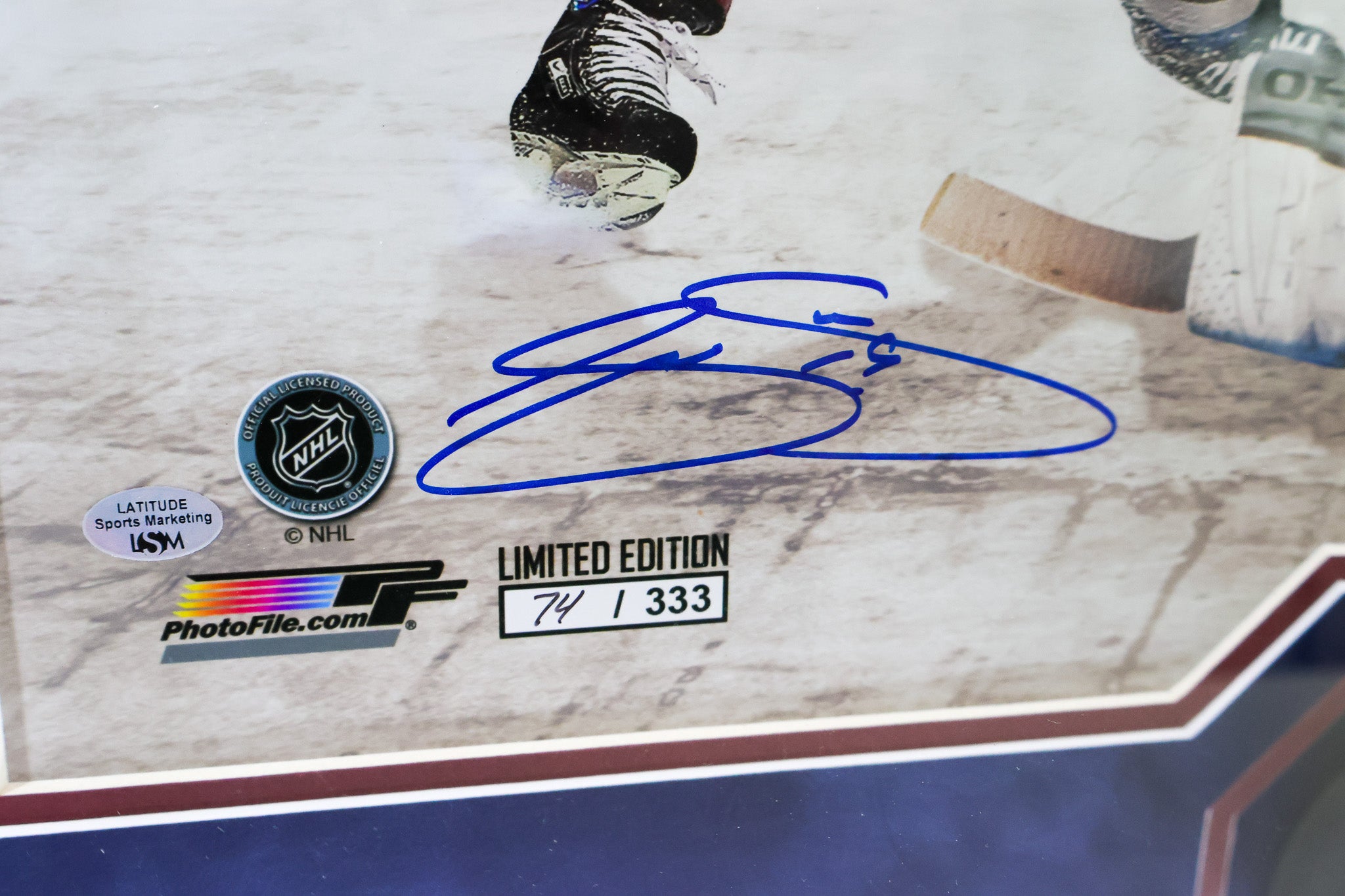 Joe Sakic & Peter Forsberg Autographed 16x20 Limited 74/333 with Patrick Roy Autographed Hockey Puck (JSA COA) Lighted Shadow Box