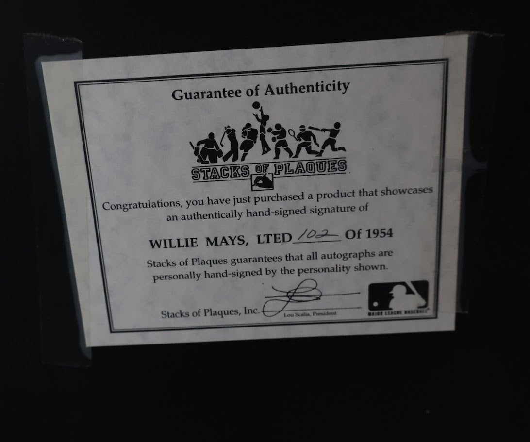 Willie Mays Autographed Baseball Framed w/ 8x10 Photo Stacks of Plaques COA