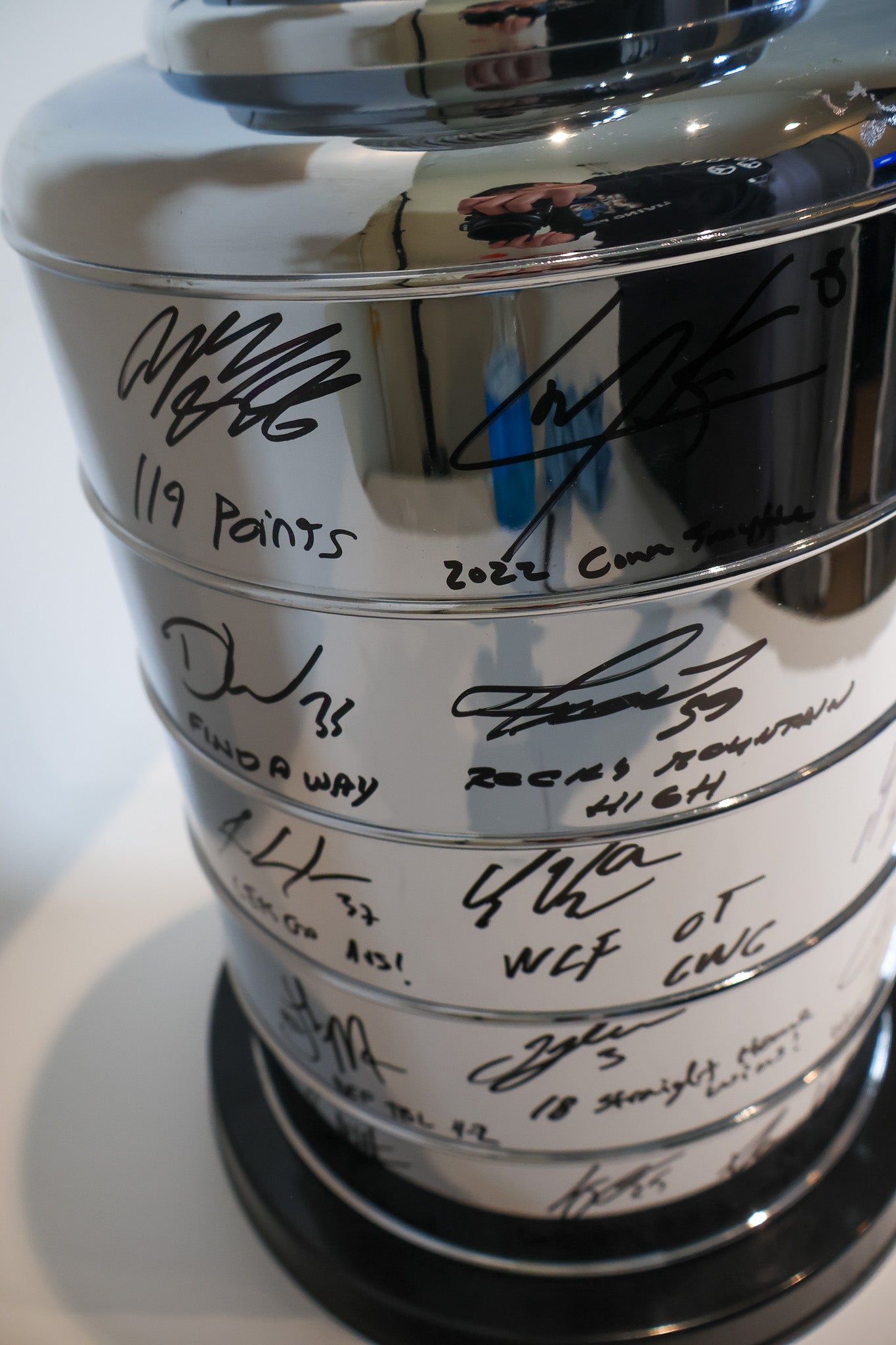 Colorado Avalanche Autographed Stanley Cup From 2022 Stanley Cup Team 18 Signatures and Inscribed By Each Player