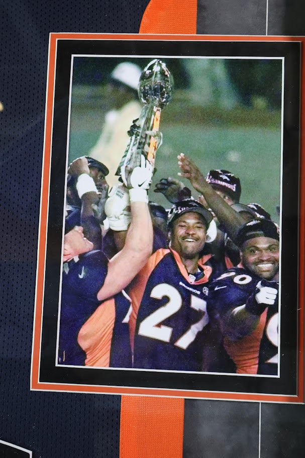 Steve Atwater Autographed Denver Broncos Navy Jersey w/ HOF Inscription Deluxe Framed Beckett COA