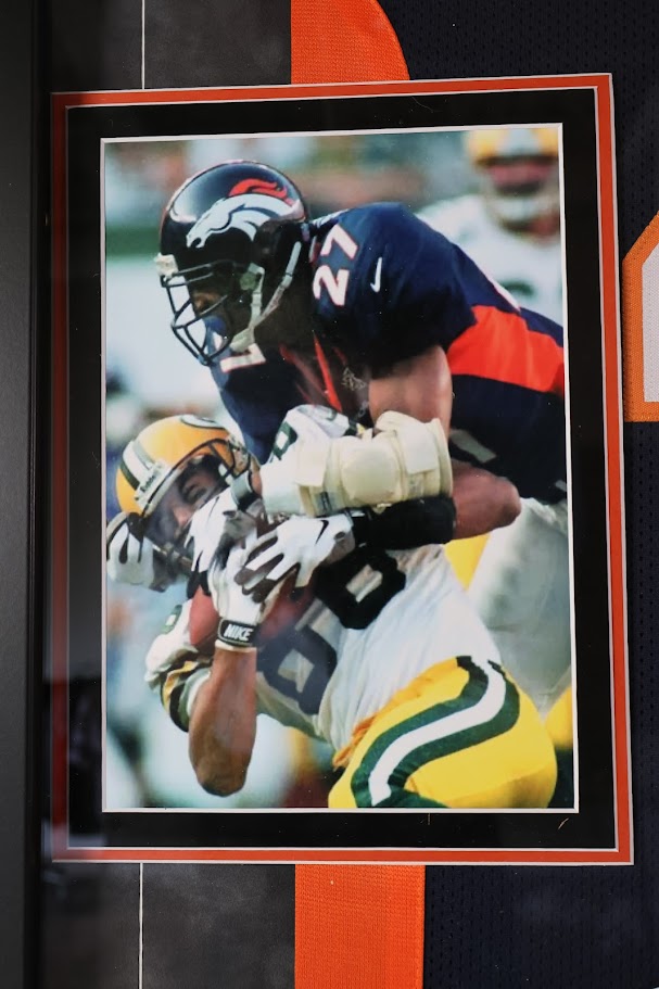 Steve Atwater Autographed Denver Broncos Navy Jersey w/ HOF Inscription Deluxe Framed Beckett COA