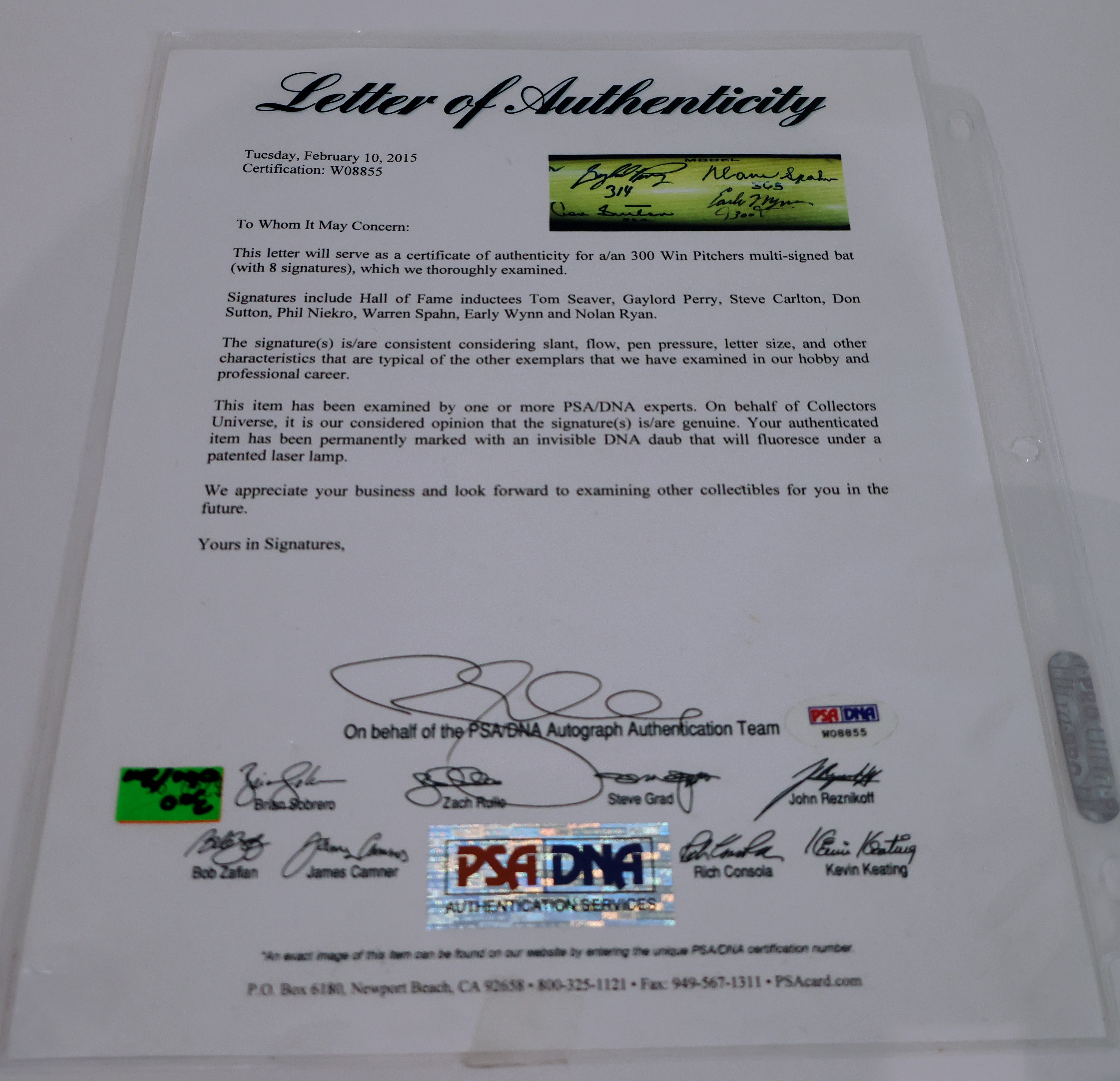 Nolan Ryan, Tom Seaver, Steve Carlton, Phil Niekro, Warren Spahn, Gaylord Perry, Don Sutton, Early Wynn inscribed with career win totals Adirondack bat With PSA/DNA Authentication letter