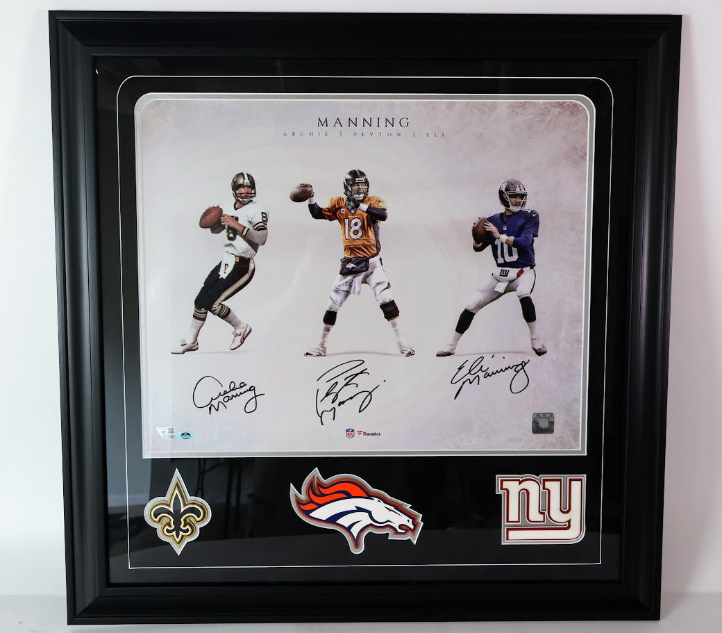 Manning Family Autographed 16x20 Photo - Archie, Eli & Peyton Deluxe Framed Fanatics COA - Latitude Sports Marketing