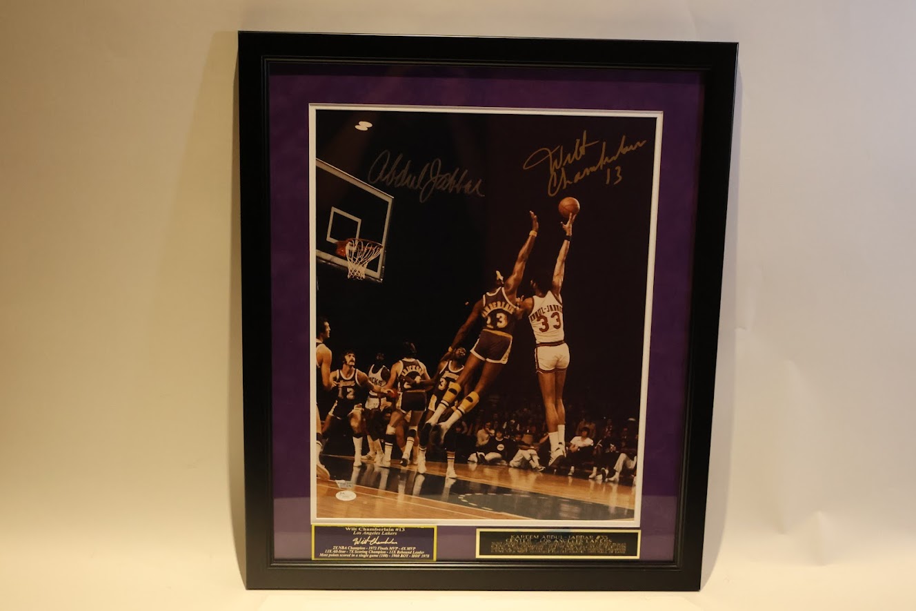 Wilt Chamberlin & Kareem Abdul-Jabbar Autographed 27x23 Framed Action photo (Fanatics COA) (JSA LOA)