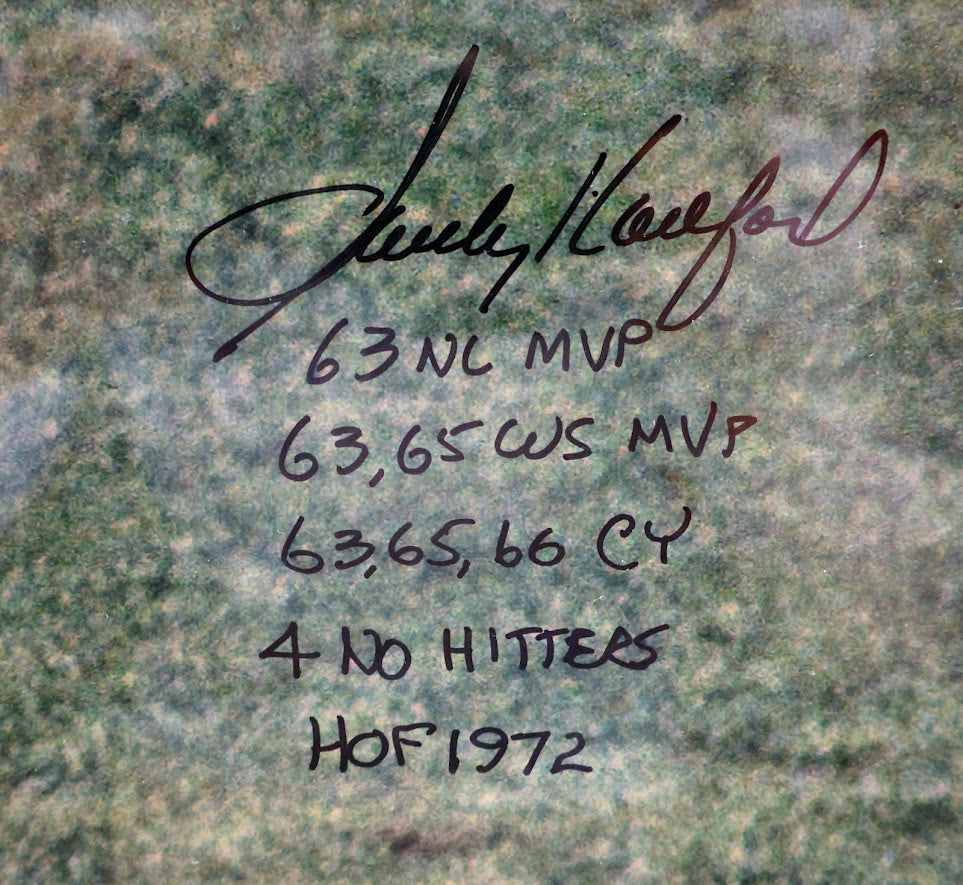 Sandy Koufax Autographed 22x26 Framed Photo "63 NLMVP", "63,65 WS MVP", 63,65,66 CY", "4 NO HITTERS", and "HOF 1972" Inscriptions - Fanatics Hologram