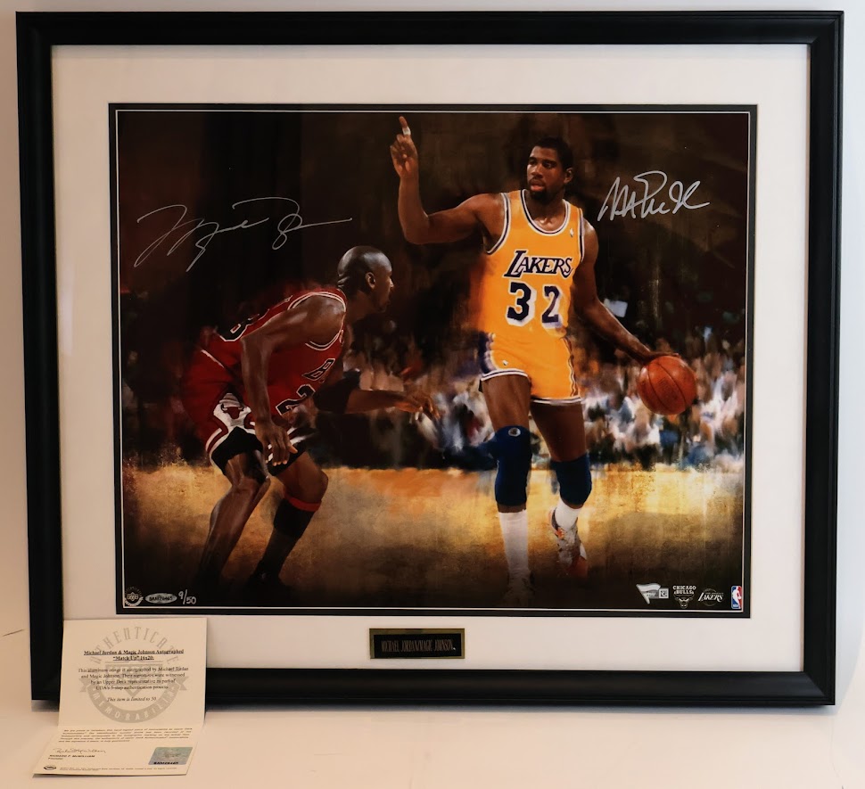 Magic Johnson & Michael Jordan Dual Autographed "Match Up" Framed Photo - Fanatics & Upper Deck COAs
