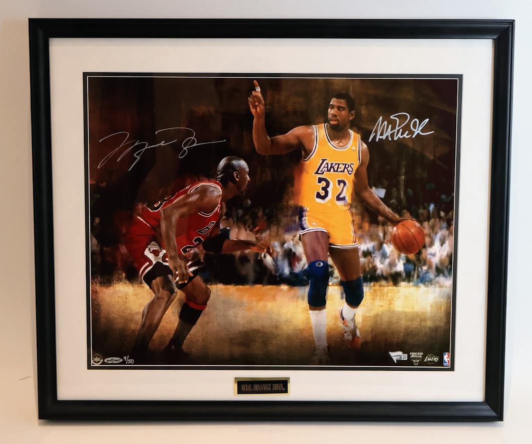 Magic Johnson & Michael Jordan Dual Autographed "Match Up" Framed Photo - Fanatics & Upper Deck COAs