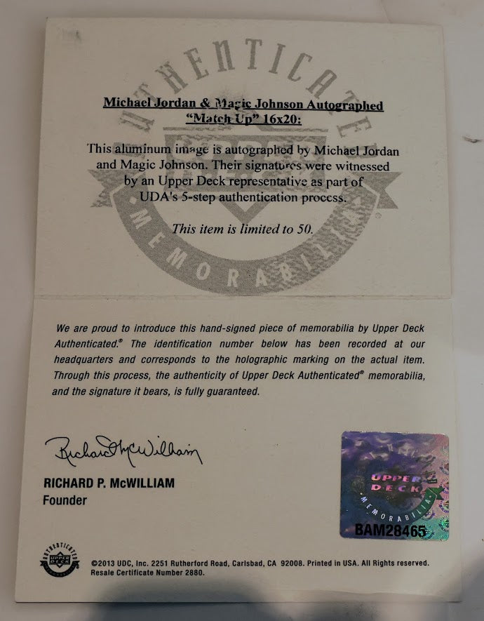 Magic Johnson & Michael Jordan Dual Autographed "Match Up" Framed Photo - Fanatics & Upper Deck COAs