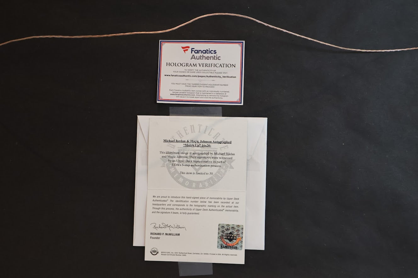 Magic Johnson & Michael Jordan Dual Autographed "Match Up" Framed Photo - Fanatics & Upper Deck COAs