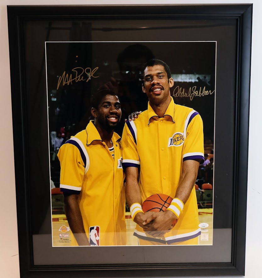 Magic Johnson & Kareem Adul-Jabaar Dual Autographed Warmup Photo - JSA Letter Pending