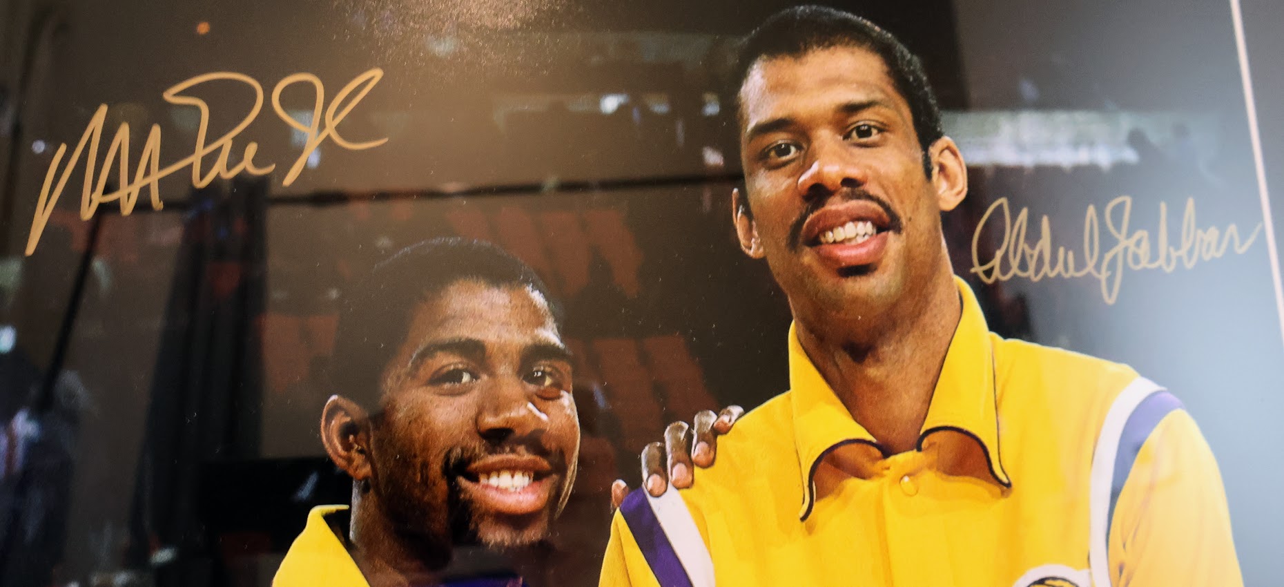 Magic Johnson & Kareem Adul-Jabaar Dual Autographed Warmup Photo - JSA Letter Pending
