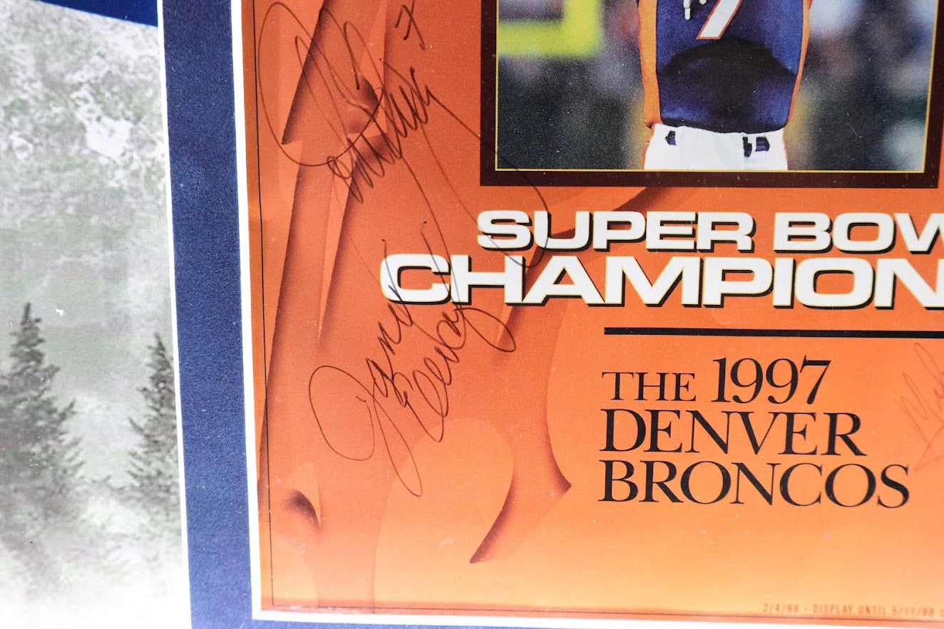 Denver Broncos SI SB Champs Autographed Magazine (John and Janet Elway, Bowlen, Shanahan) Lighted Shadowbox JSA LOA