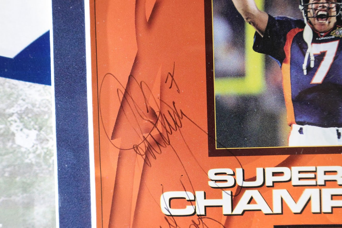 Denver Broncos SI SB Champs Autographed Magazine (John and Janet Elway, Bowlen, Shanahan) Lighted Shadowbox JSA LOA