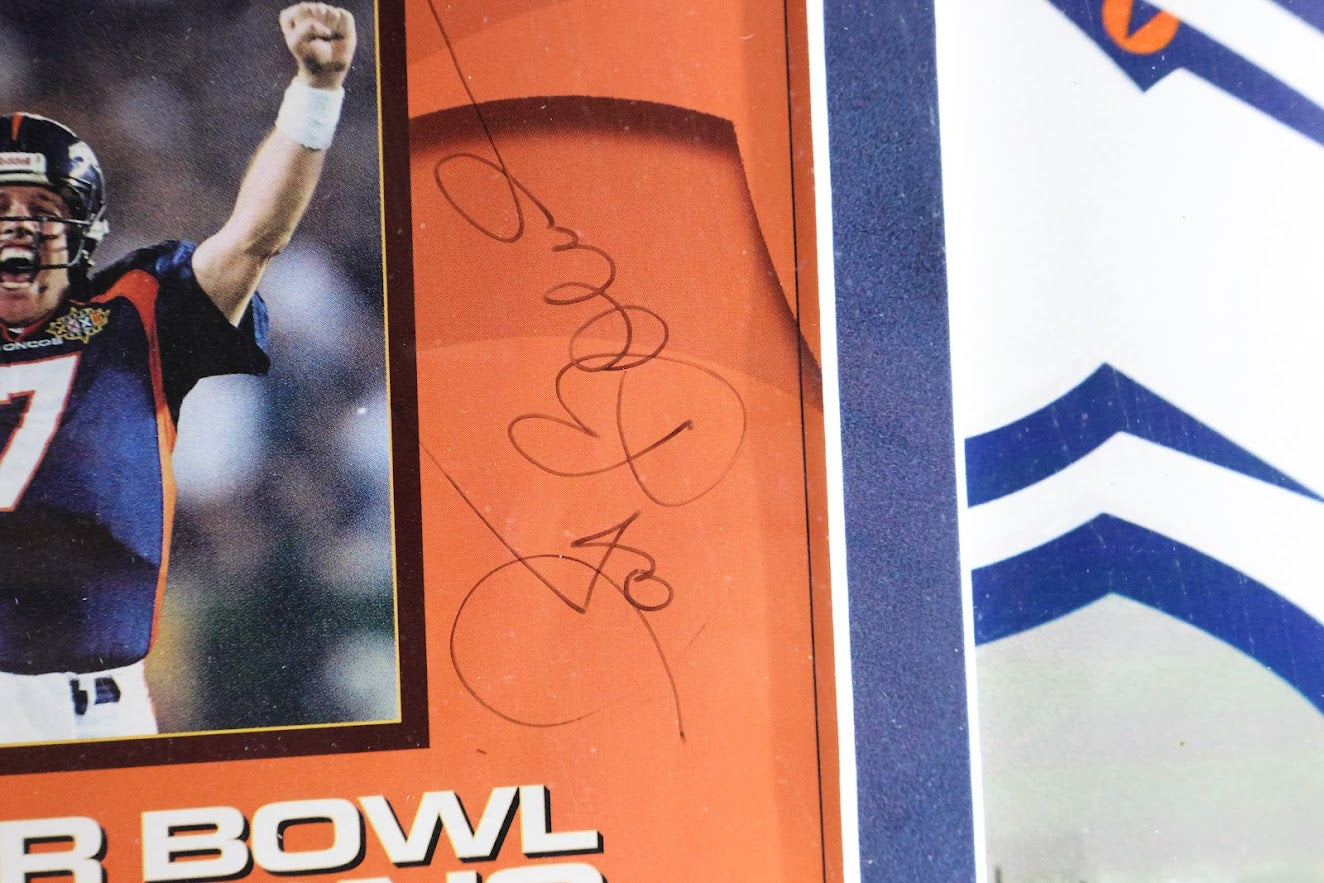 Denver Broncos SI SB Champs Autographed Magazine (John and Janet Elway, Bowlen, Shanahan) Lighted Shadowbox JSA LOA