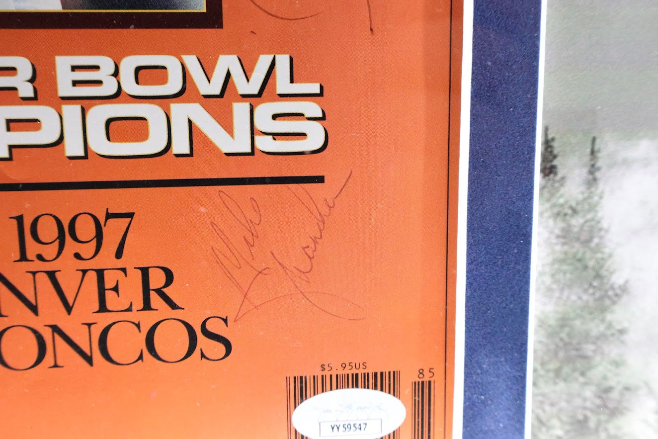 Denver Broncos SI SB Champs Autographed Magazine (John and Janet Elway, Bowlen, Shanahan) Lighted Shadowbox JSA LOA