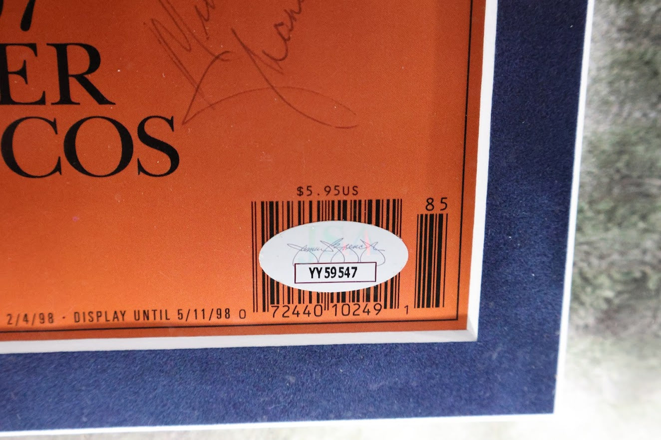 Denver Broncos SI SB Champs Autographed Magazine (John and Janet Elway, Bowlen, Shanahan) Lighted Shadowbox JSA LOA