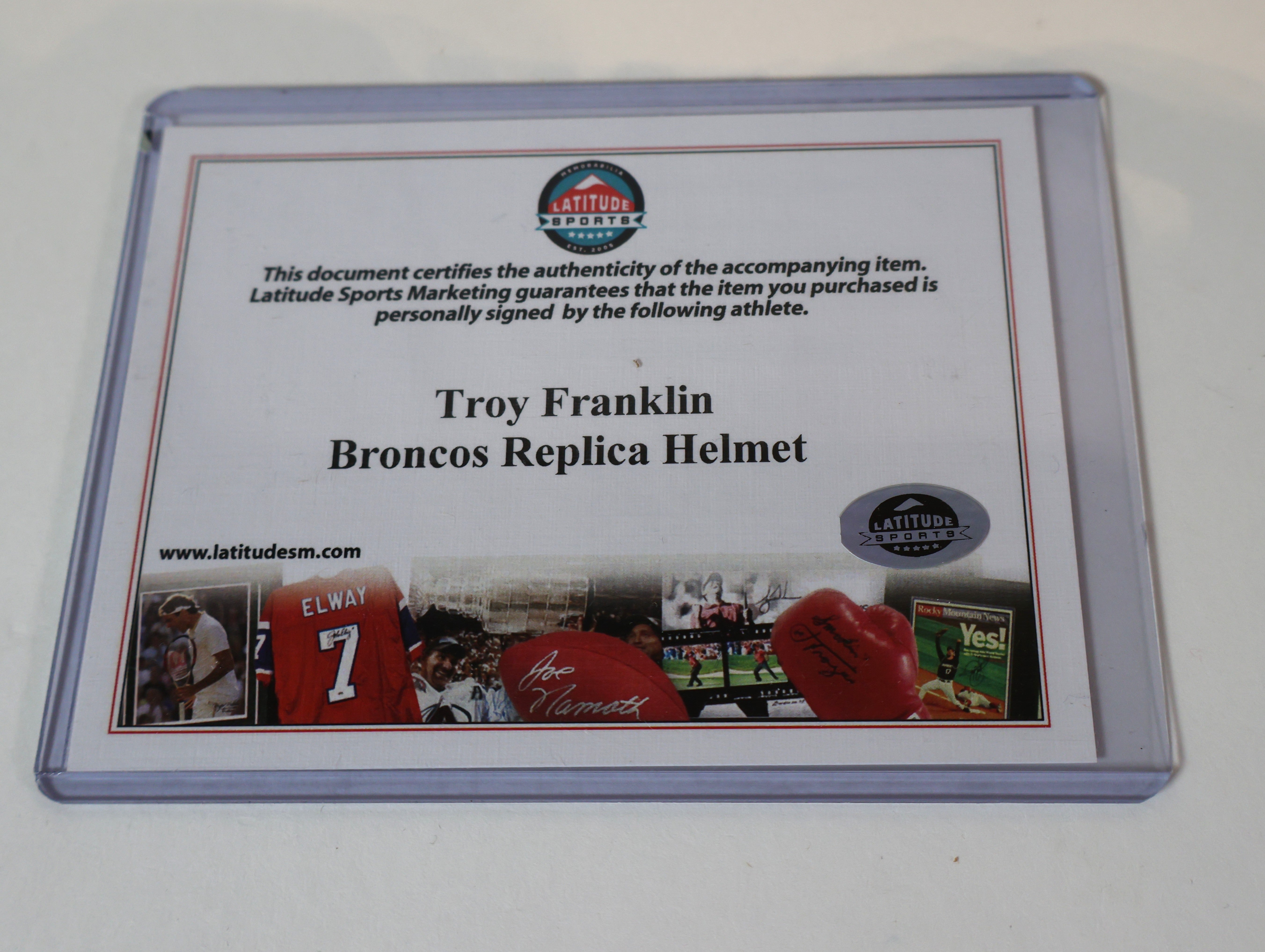 Troy Franklin Autographed Denver Broncos Navy Replica Helmet - Beckett COA Certified