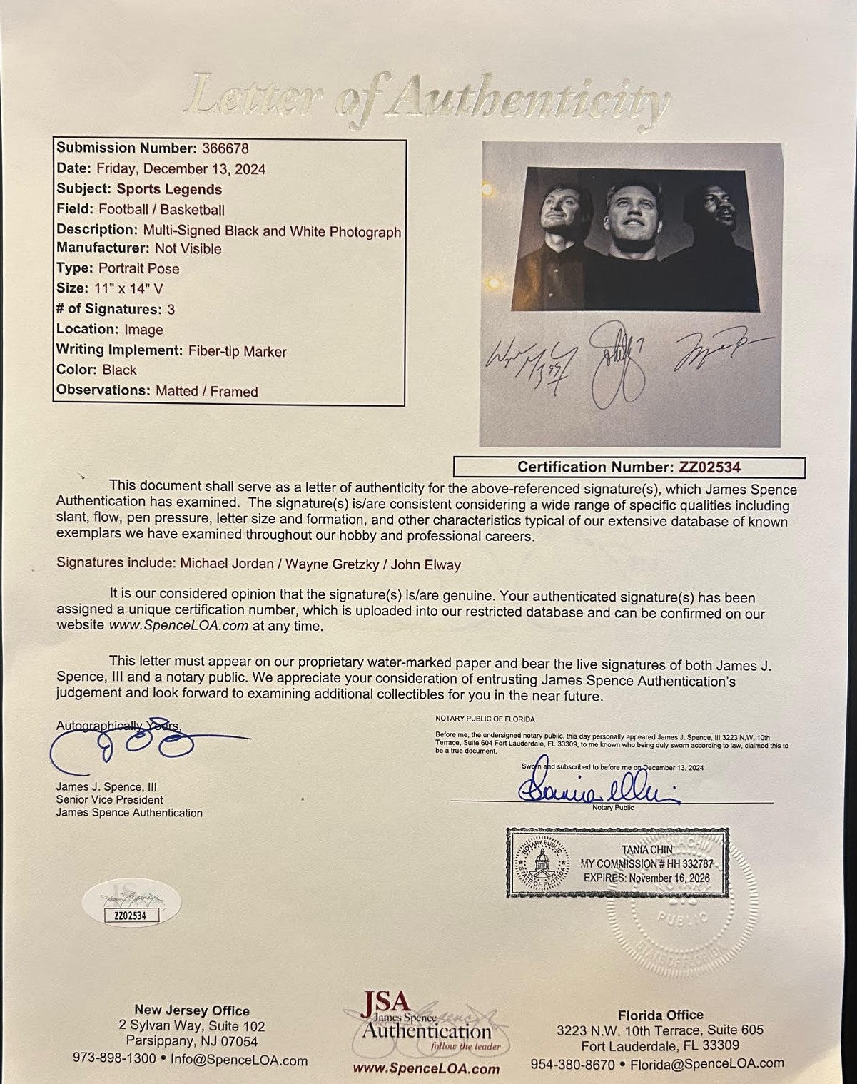 Elway, Gretzky, Jordan Autographed 8x10 Photo Matted/Framed (JSA letter)