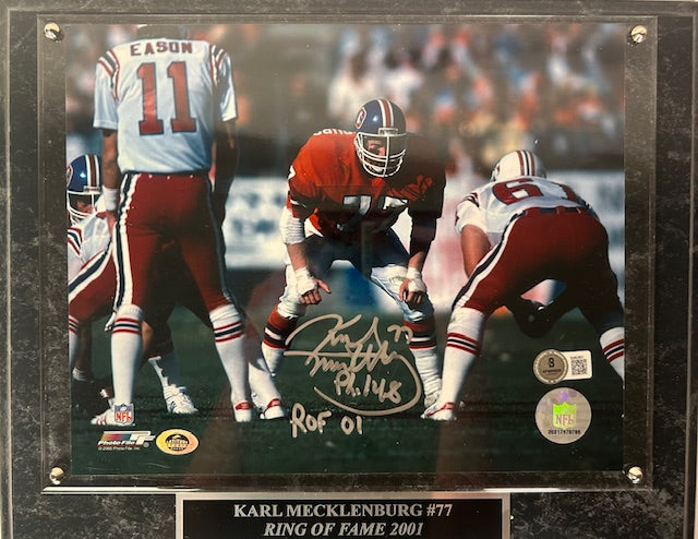 Karl Mecklenburg Denver Broncos Autographed & Inscribed 8x10 Photo with Plaque JSA COA