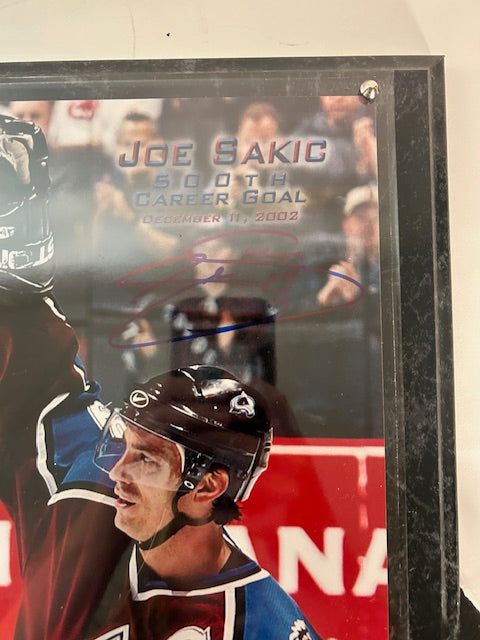 Joe Sakic Colorado Avalanche Autographed 8x10 500th Goal Photo with Plaque JSA COA